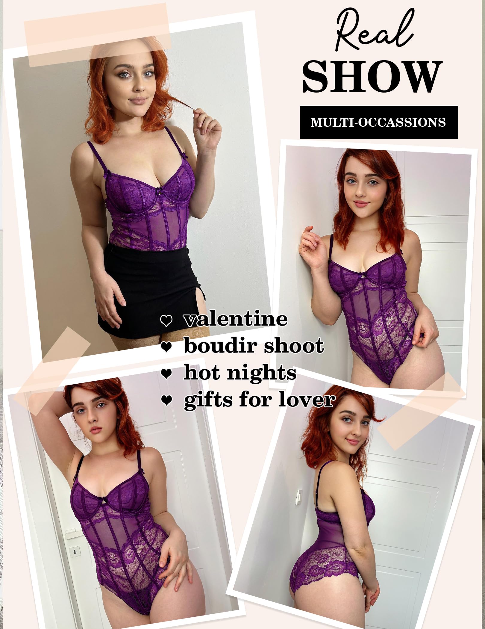 Avidlove Bodysuit for Women Sexy Lace Top One Piece Lingerie V Neck Mesh Tops Going Out Cami Naughty Push Up Body Suit S-XXL: XX-Large Purple