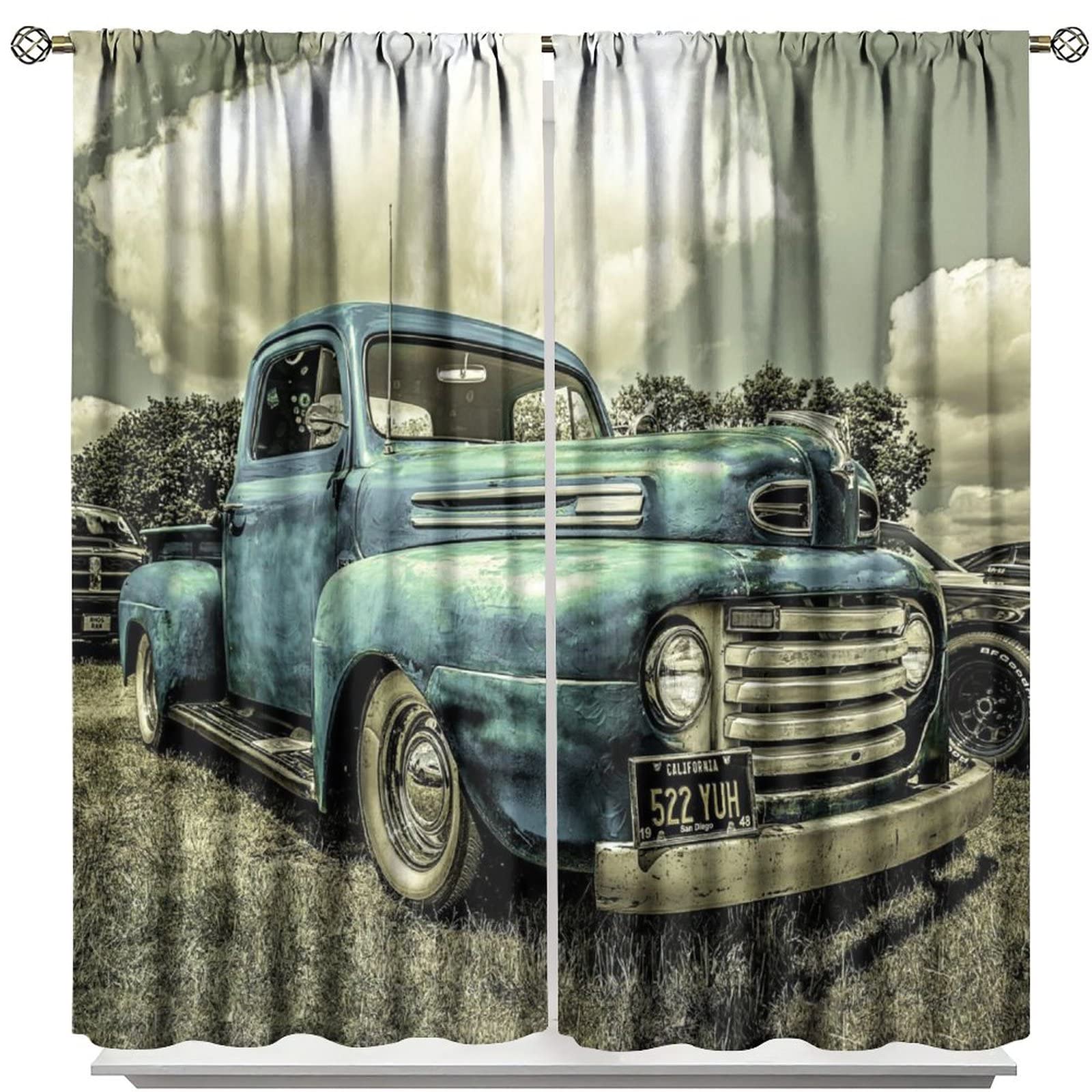Vintage Car Curtains,Retro Rustic Truck Antique Blue Old Truck Blackout Curtain for Boys Girls Bedroom Noise Reducing Curtains, 2 Panels,42x63in