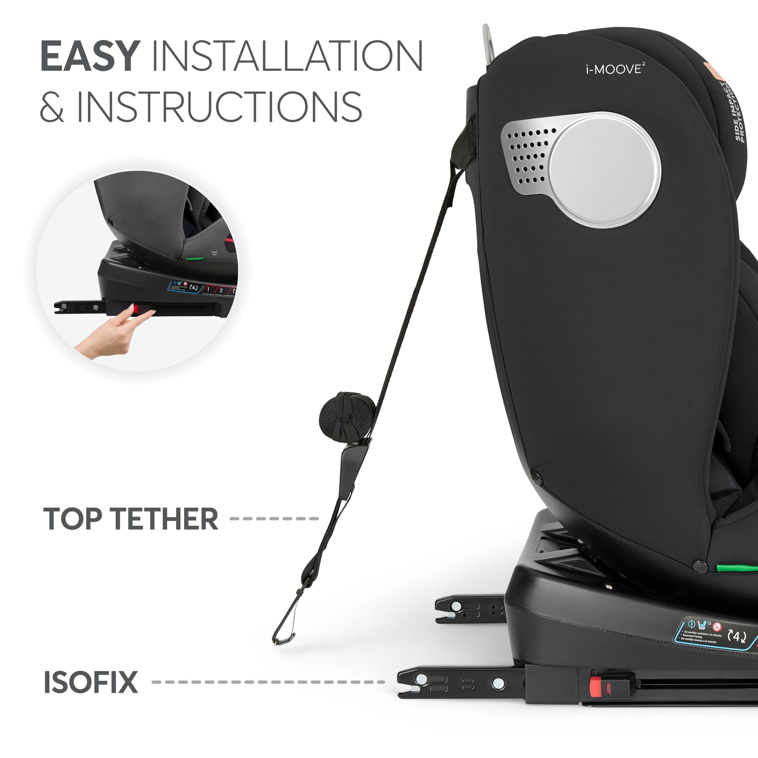 KikkaBoo Fotelik Samochodowy i-Moove 2 i-Size, 40–150 cm, Obrót 360°, ISOFIX, Tyłem i Przodem do Jazdy, Regulowany Zagłówek, Funkcja Pochylania, Czarny
