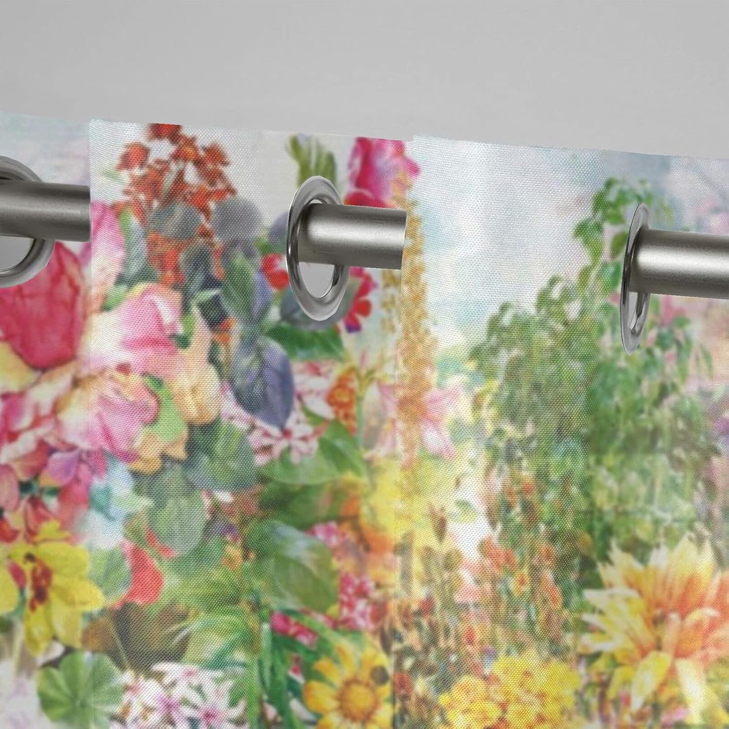 Colorful spring summer garden Waterproof Outdoor Curtains for Patio,blooming flowers plants Print,Grommet Curtain for Bedroom, Porch, Living Room, Pergola, Cabana,2 Panel,W36 x L84,green multicolor