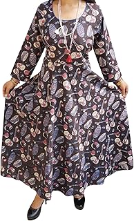 Mogul Interior Women’s Long Dress Printed Round Neck Flared Resort Maxi Dress S/M Brown