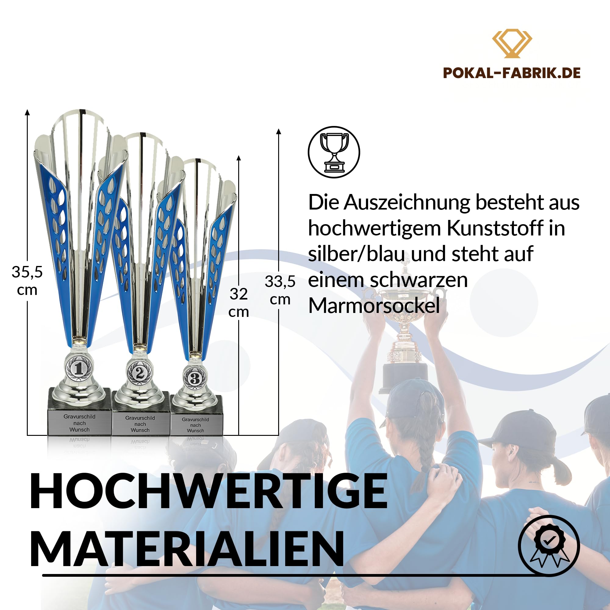 Pokal-Fabrik Pokal mit Gravur Wunschtext – Silber & Blau Trophäe mit Sportart Emblem nach Wahl – Personalisierte Auszeichnung für Fußball WM & Sport Events – 32/33,5/35,5 cm inkl. Marmorsockel