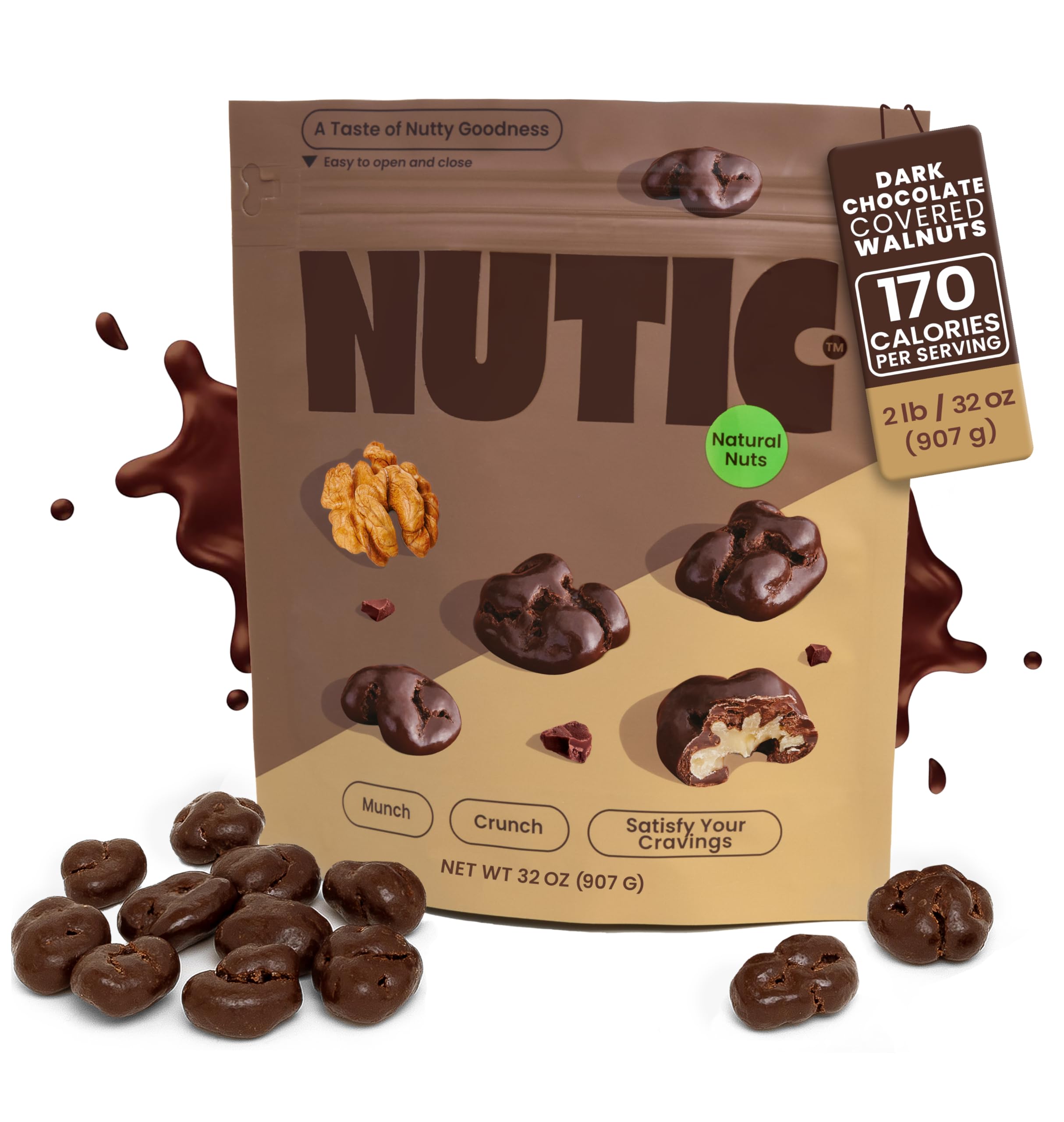 Nutic Dark Chocolate Covered Walnuts - 2 Lb, Premium Roasted Walnuts Drenched in Rich Dark Chocolate, Irresistible Gourmet Treats for Snacks & Gifts, Made in USA - (Pack of 1)