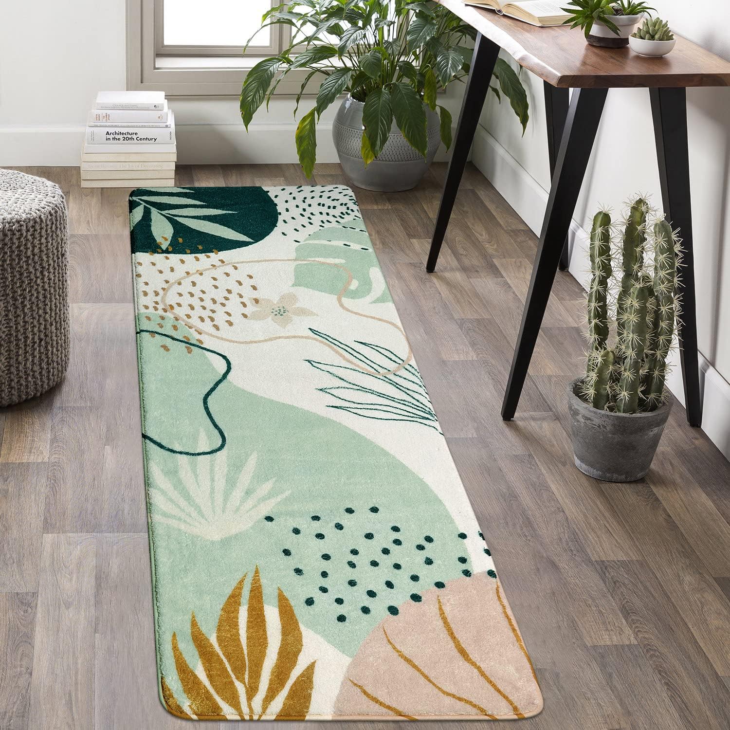 Uphome Washable Runner Rug 2'x6' Cute Green Plant Long Bathroom Rugs Soft Non Slip Modern Boho Rug Art Design for Hallway Porch Laundry Room Bedroom