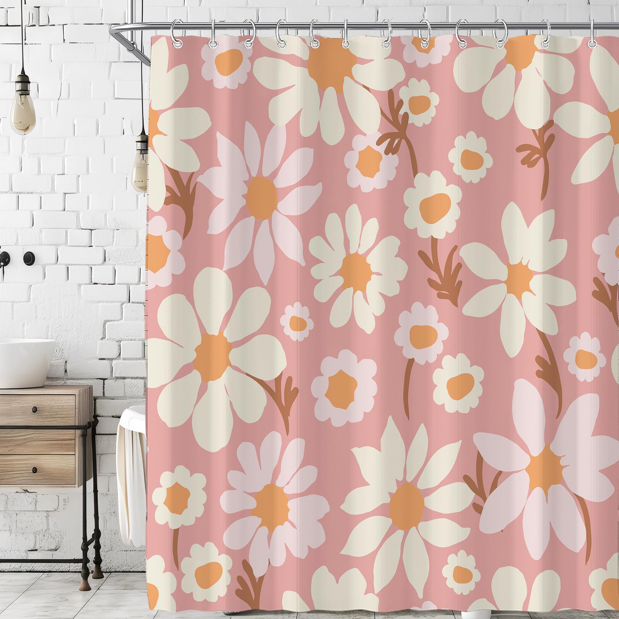 Cute Retro Pink Floral Daisy Shower Curtain for Bathroom 72W*72H Inch Abstract Flower 70s Lovely Vintage Aesthetic Funky Bathtub Decor Modern Trendy