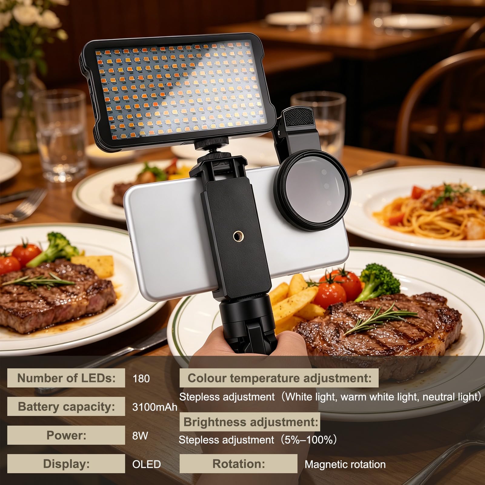 Kit de lampe de tatouage 180 LED avec lentille de filtre CPL de 52 mm, réglage de la luminosité et retrait réfléchissant, panneau lumineux pour smartphones et appareils photo, pour photographie