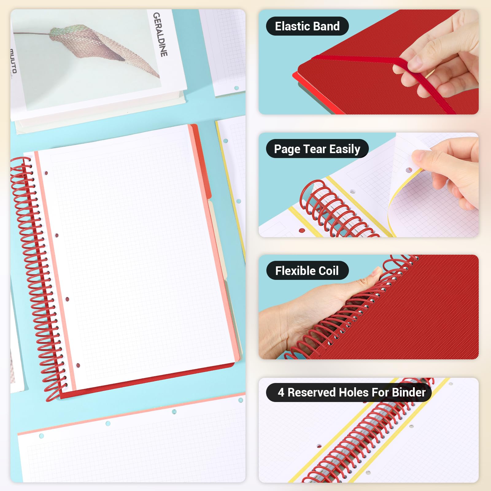 Quaderno a Spirale A4 - Quaderni a Quadretti 5mm - Notebook Blocco Note A4 - Taccuino A4 Quadretti - Blocchi Appunti per Viaggiatori - Rossa Block Notes Copertina Morbida e Spirale