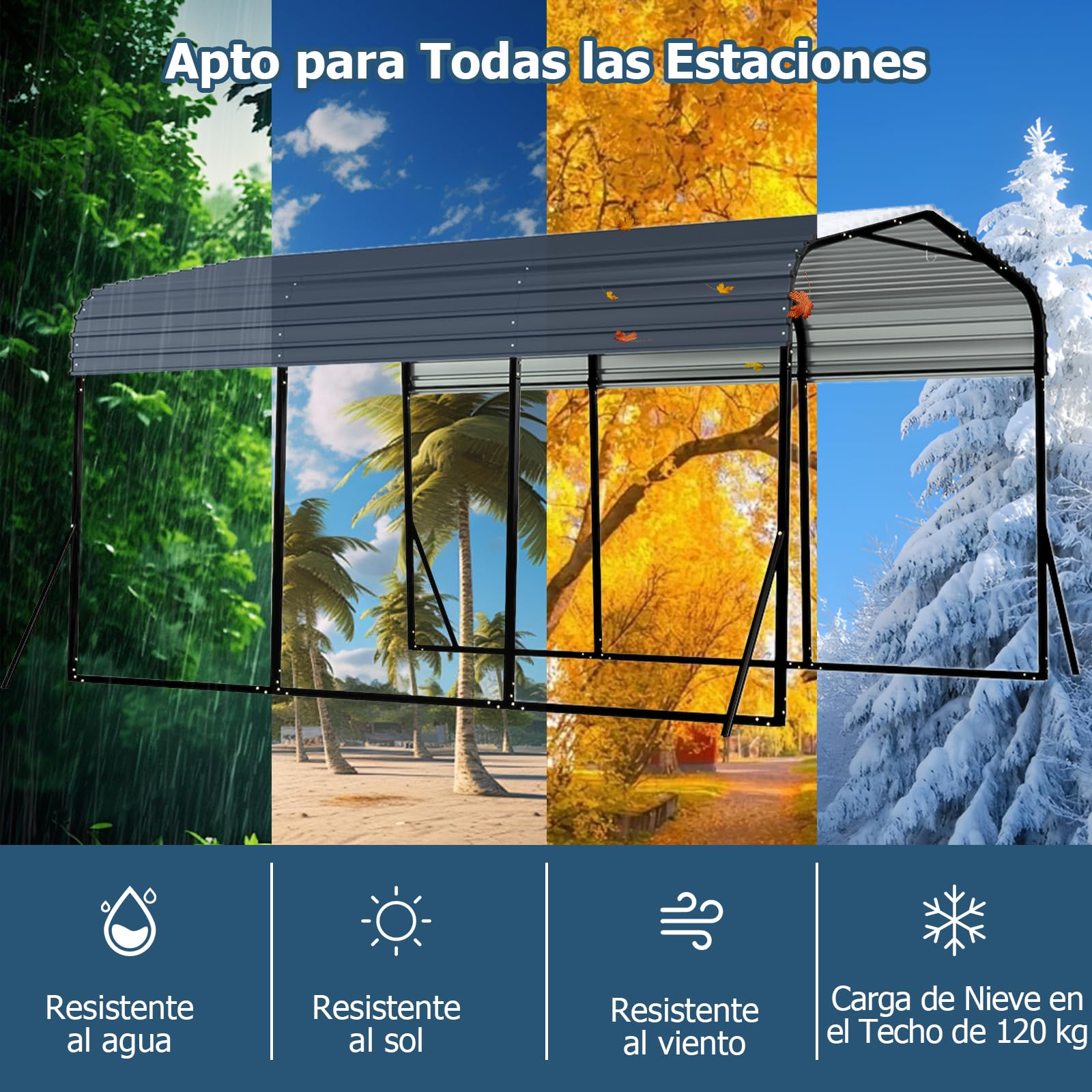 GOPLUS Cobertizo de Coche de Metal, 440 x 300 x 250 cm, Refugio de Vehículo con Techo Duro, 4 Patas Inclinadas y Anclajes de Fijación para Exteriores, Carpa Al Aire lIbre para Camiones, Tractores, Suv