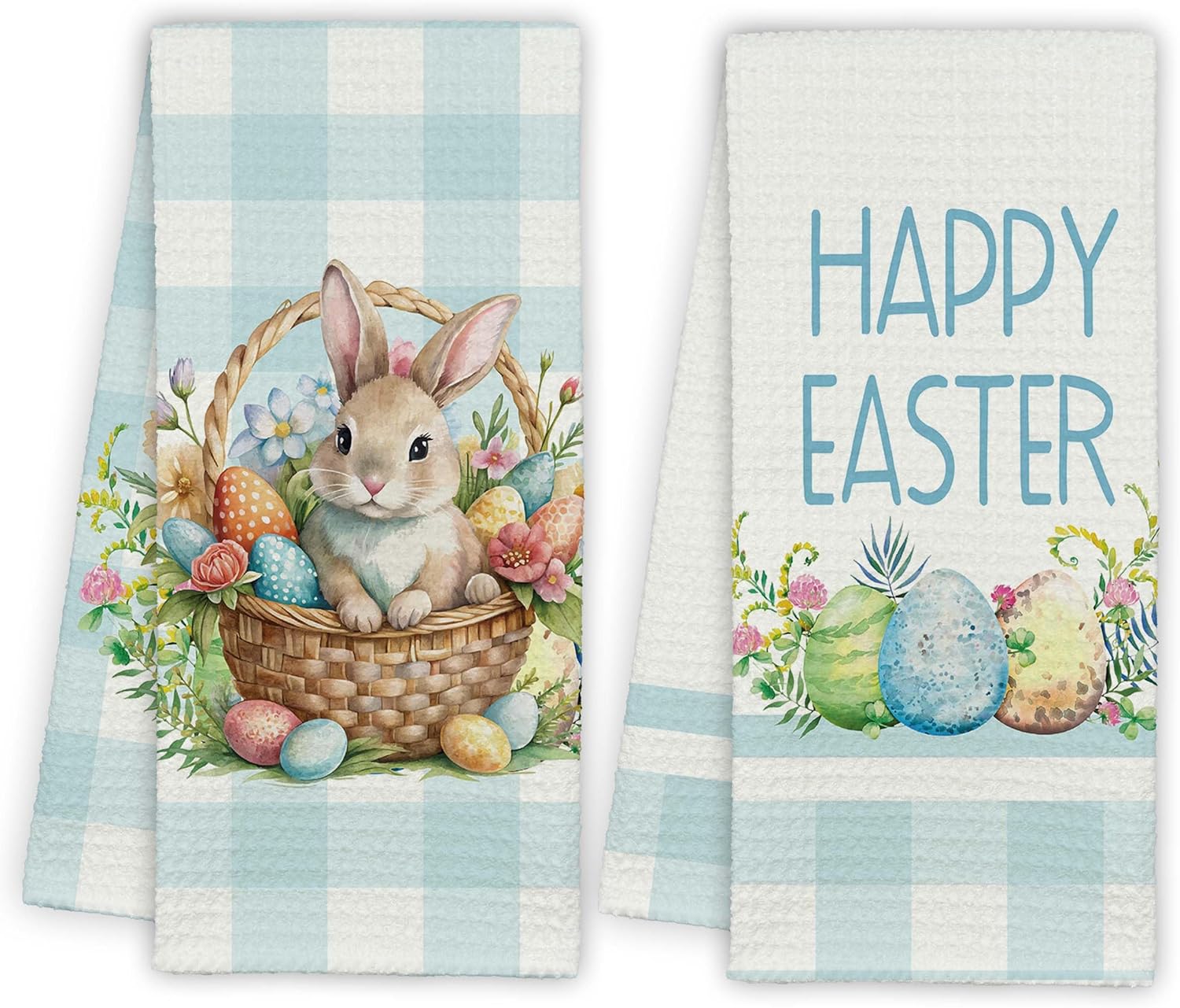 Easter Dish Towels, Blue Plaid Kitchen Towels, Happy Easter Bunny Napkins, Dish Cloth for Bathroom Kitchen, Gifts for Mom Mother's Day Spring Summer Kitchen Decoration Hand Towels Set of 2-A03