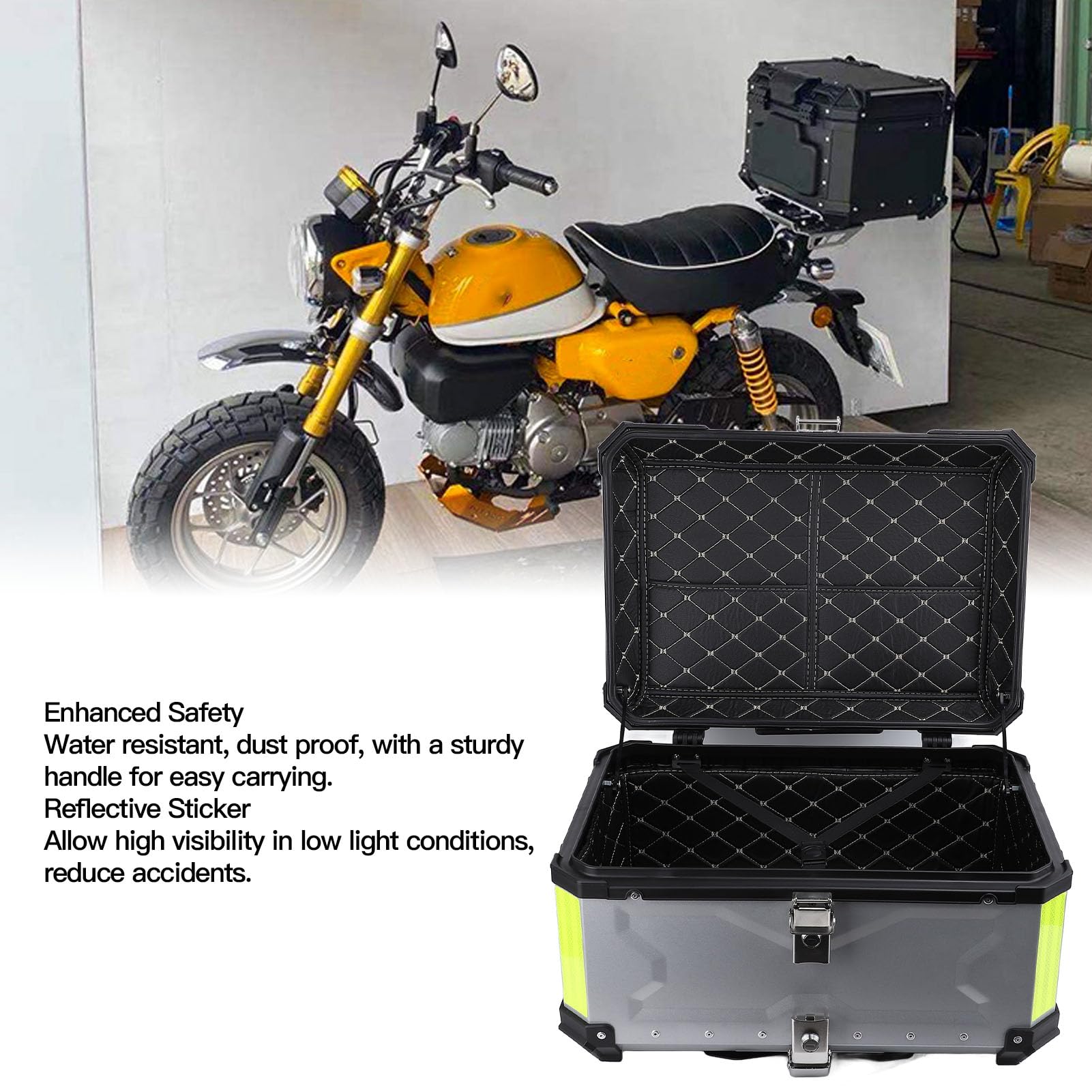 Acouto Kufer Motocyklowy 65L z Zamkiem Zabezpieczającym Odblaskowa Naklejka ze Stopu Aluminium Kufer Górny na bagaż Pod Srebrny to Mocny materiał Amortyzacja z Wysokiej Jakości Aluminium Tylny tył