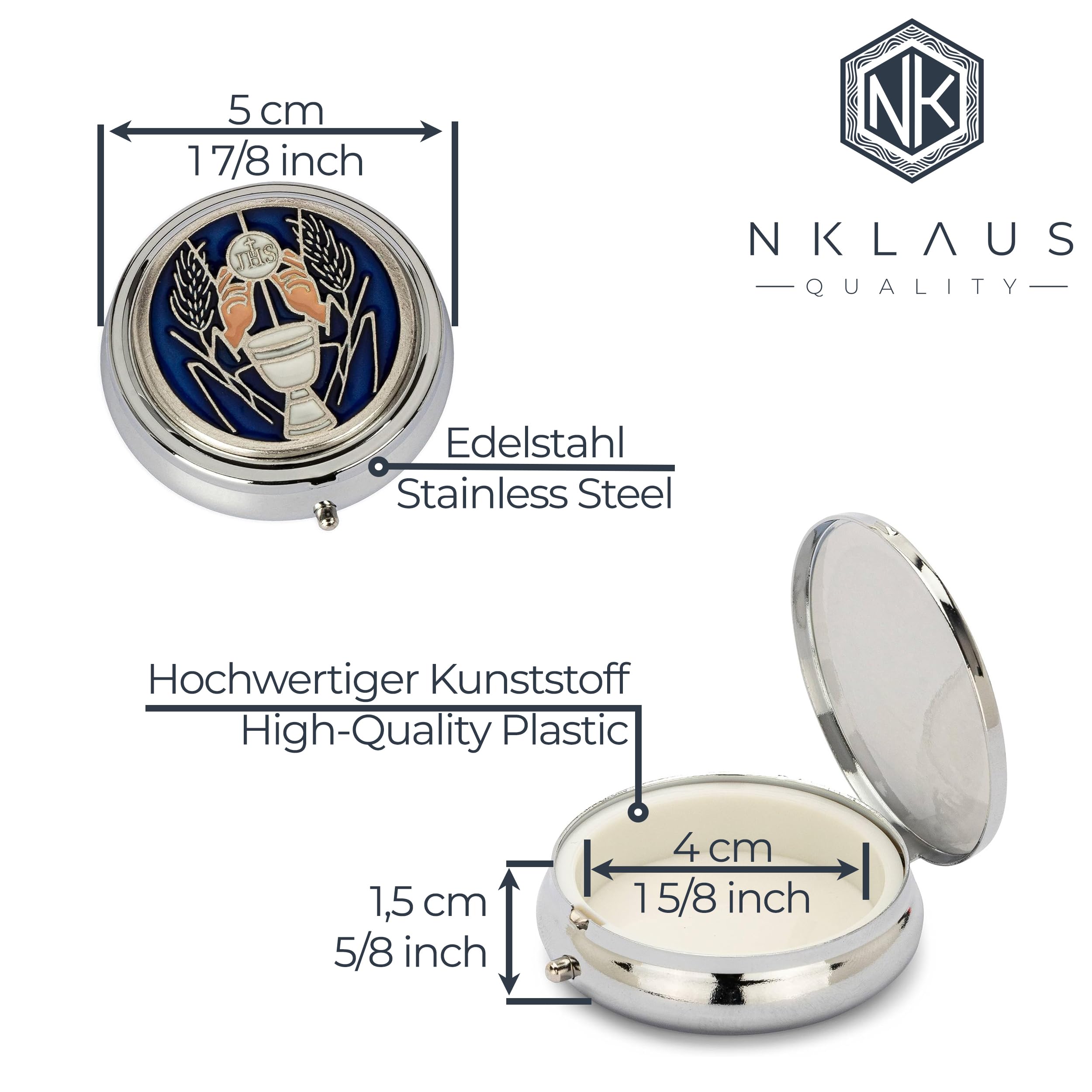 NKlaus Rosenkranz estuche de metal motivo cáliz Hostiendose plata azul inserto en el interior 4cm 2531