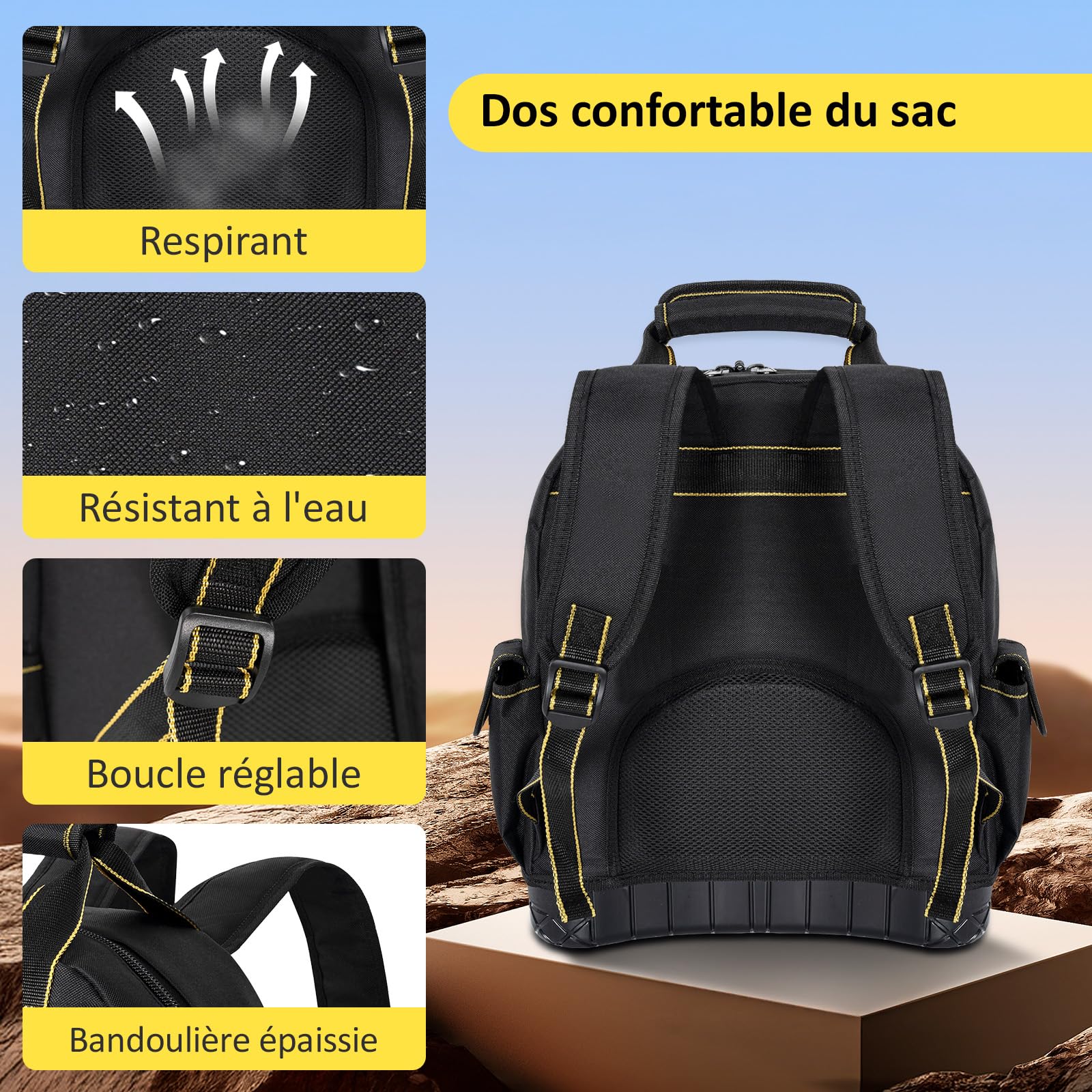 OUUTMEE Sac à Dos à Outils avec Base en Caoutchouc ABS, Sac à Outils Robuste avec Poches Multiples, Sacs Porte-Outils avec Bandoulière et Sangle de Taille pour Électriciens et Construction (Jaune)