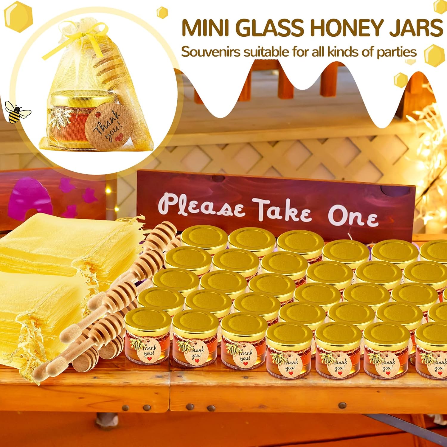 50 Pcs 1oz Small Glass Jars with Lids Mini Honey Jars with Wood Dipper, Bee Charms, Golden Gift Bags, Jutes, and Tags with Golden Lids for Baby Shower, Wedding, and Party Favors
