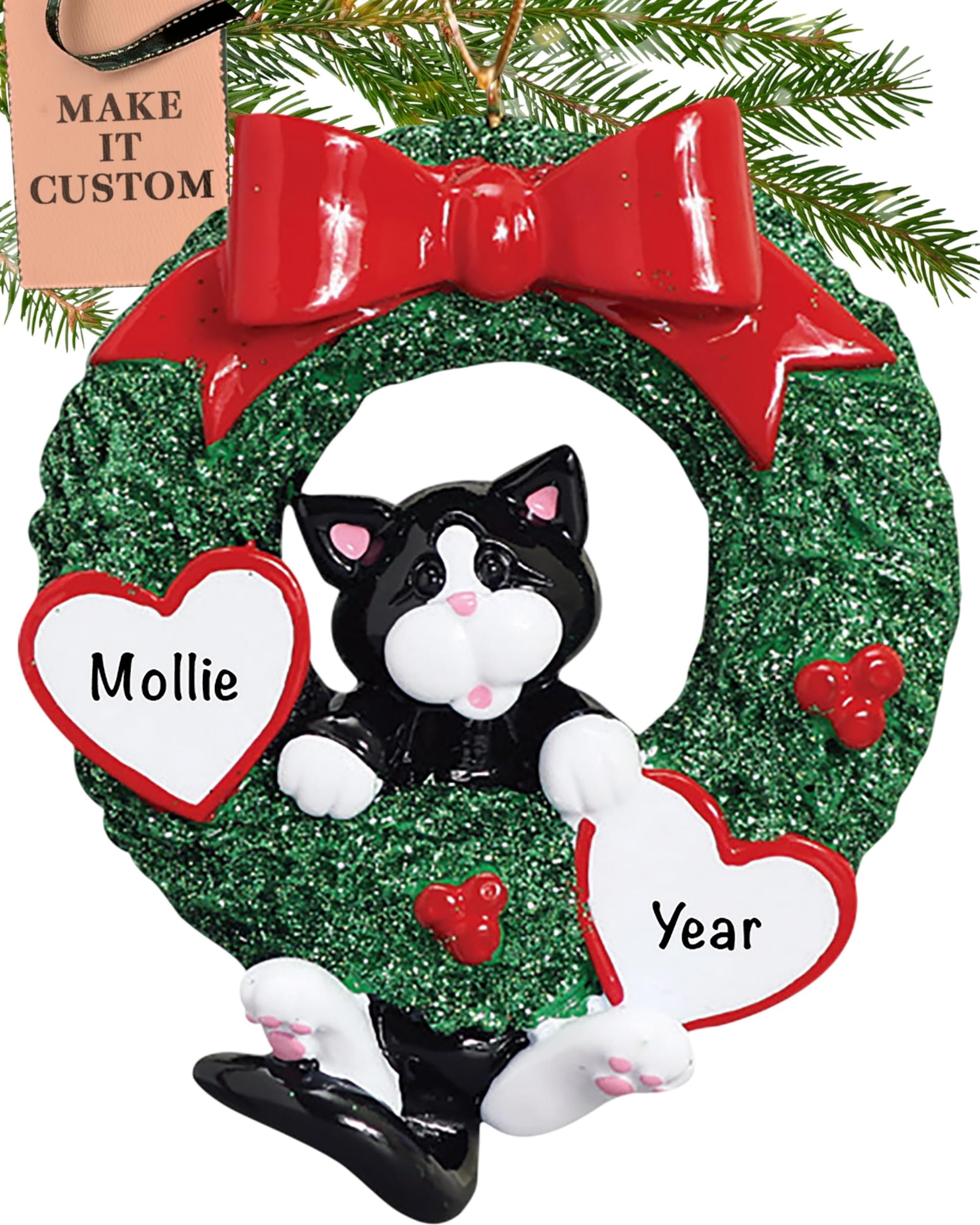 Holiday Traditions Tuxedo Cat Personalised Cat Ornament 2025 – Fast & Free 24H Customisation – Pet Christmas Ornaments For Tree – Custom Gift Wrapped Tuxedo-Cat Wreath Keepsake For Pet-Owners