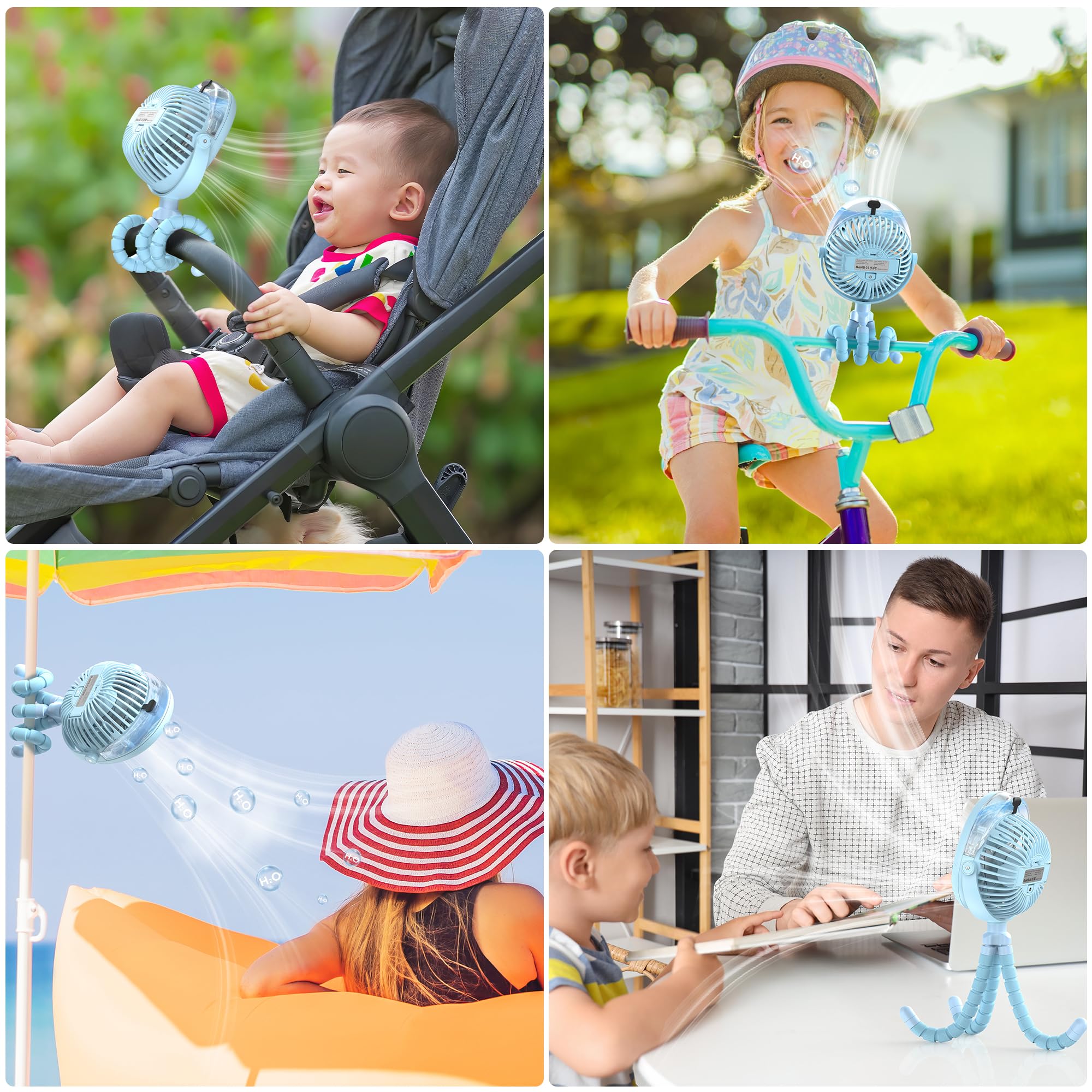 Ventilateur de poussette avec fonction d'humidification, ventilateur de table avec pied flexible, réservoir d'eau de 50ml, pivotant à 270°& 360°, ventilateur USB pour siège auto tapis roulant vélo