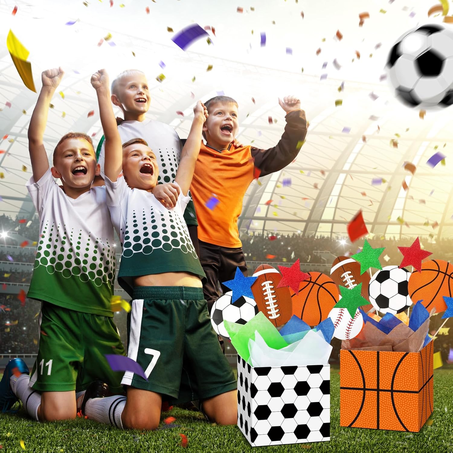 TaoBary 8 Set Valentine's Day Sports Theme Party Decorations Boxes Football Party Table Centerpieces Sticks Basketball Baseball Table Toppers with Ball Cutouts for Baby Shower Supplies