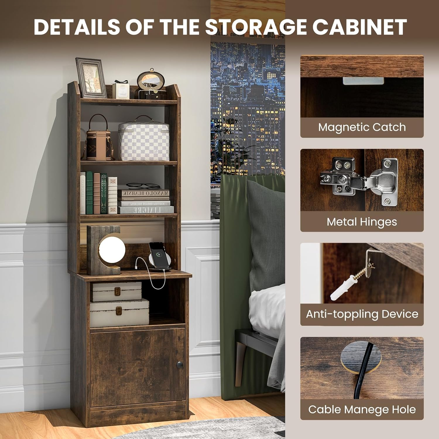 GOFLAME 56" Tall Nightstand with Charging Station, Bedside Table with Adjustable Open Shelves, Storage Cabinet, End Table with Bookcase for Bedroom, Study, Rustic Brown