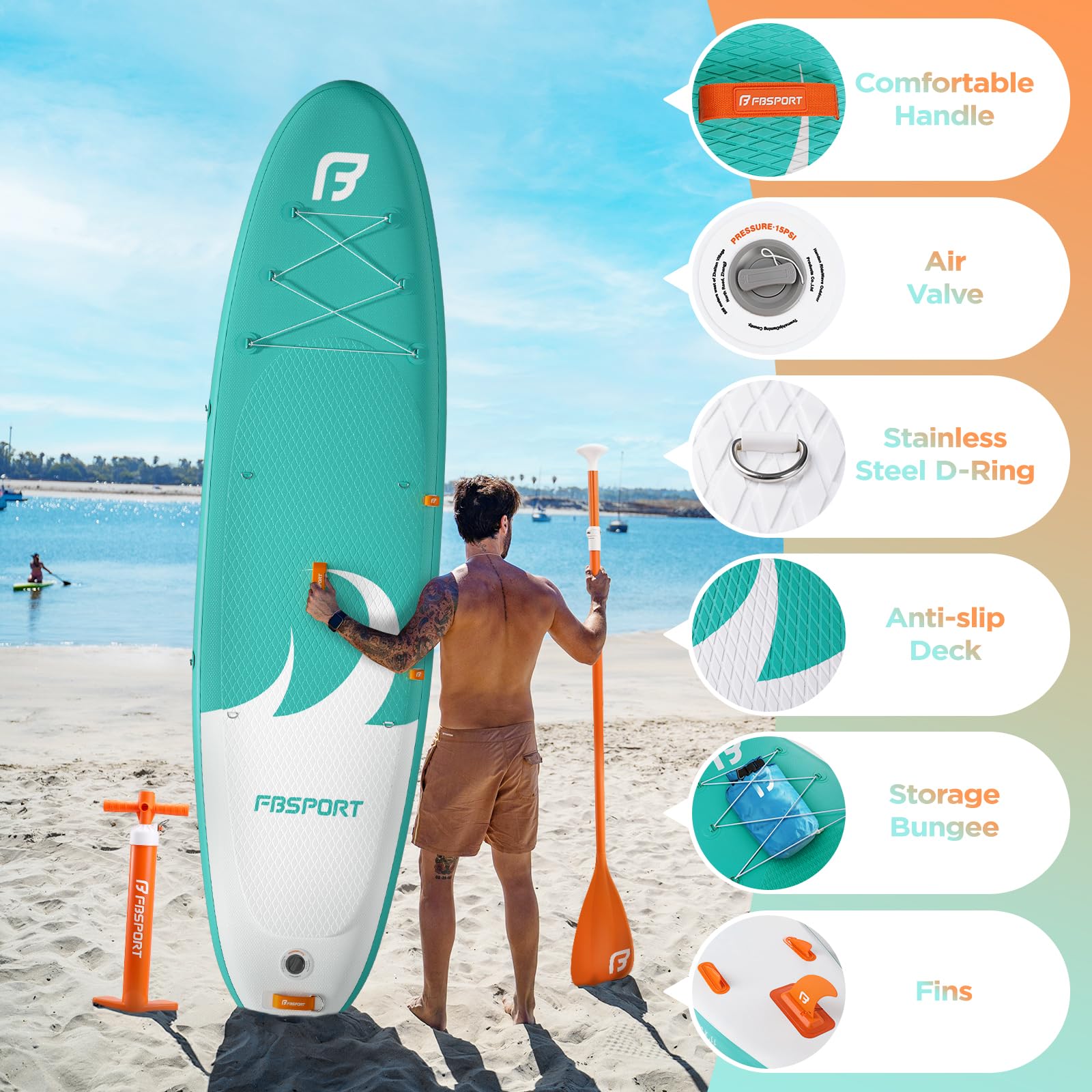 FBSPORT Tavola SUP Gonfiabile SUP 335CM per Adulti e Giovani, Stand Up Paddle Board Spessa 15 cm tavola da Surf tavola da SUP con Pagaia Regolabile, Zaino, Pompa & Pinna Rimovibile Surfboard