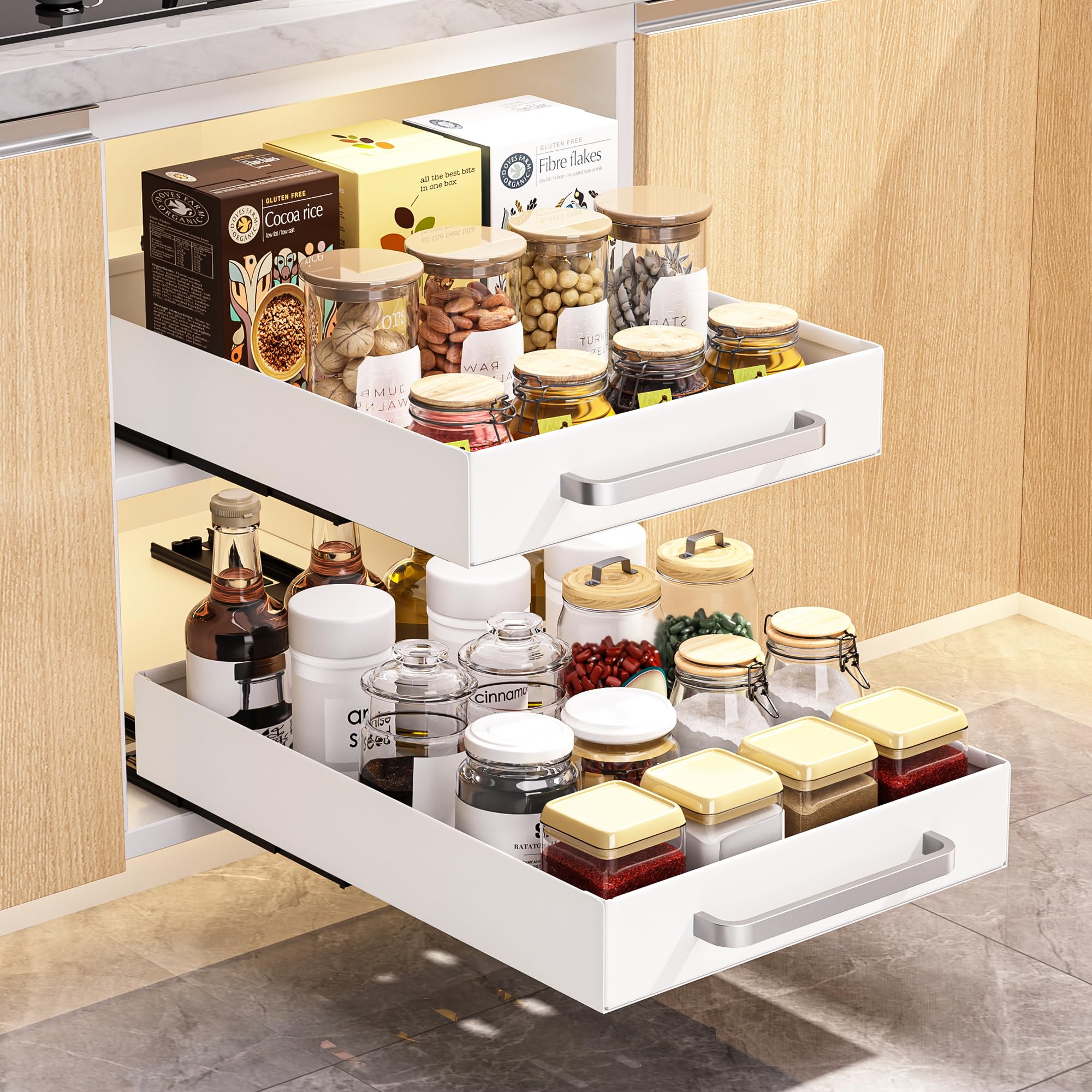 2 Pack Pull Out Cabinet Organizer Adhesive Slide Out Drawer For Kitchen Cabinet, Peel And Stick No Screw, No Drilling Pull Out Shelf For Pantry Cabinets, White