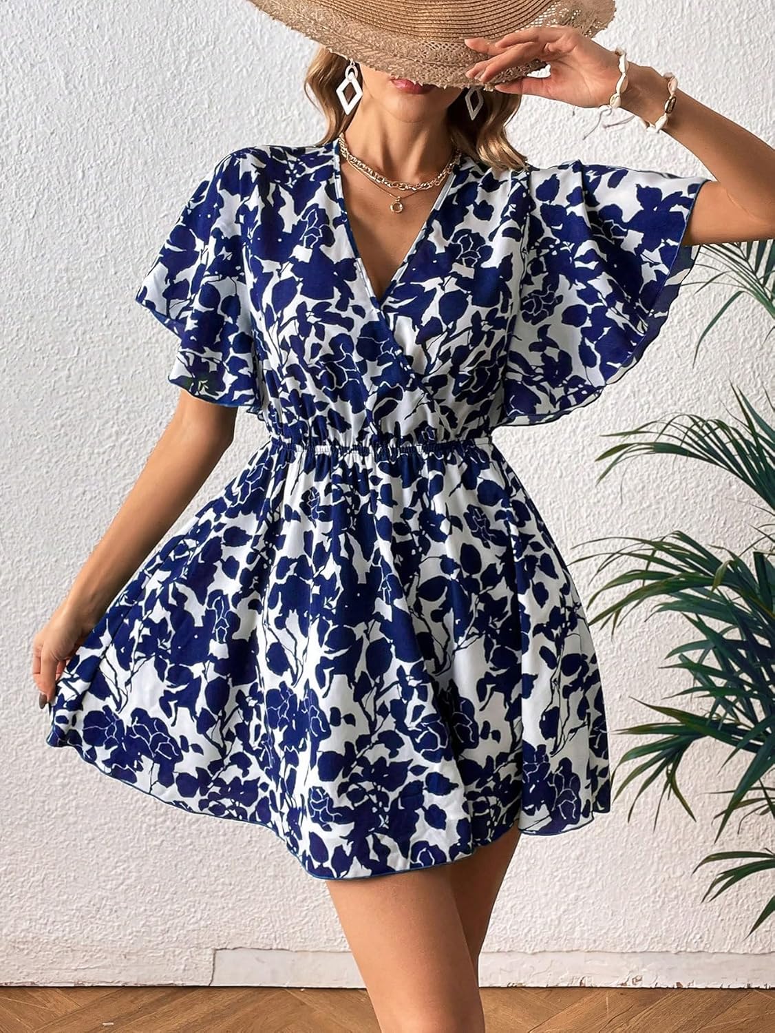 Floerns Women's Allover Floral Print Flounce Short Sleeve V Neck A Line Short Dress - Image 6