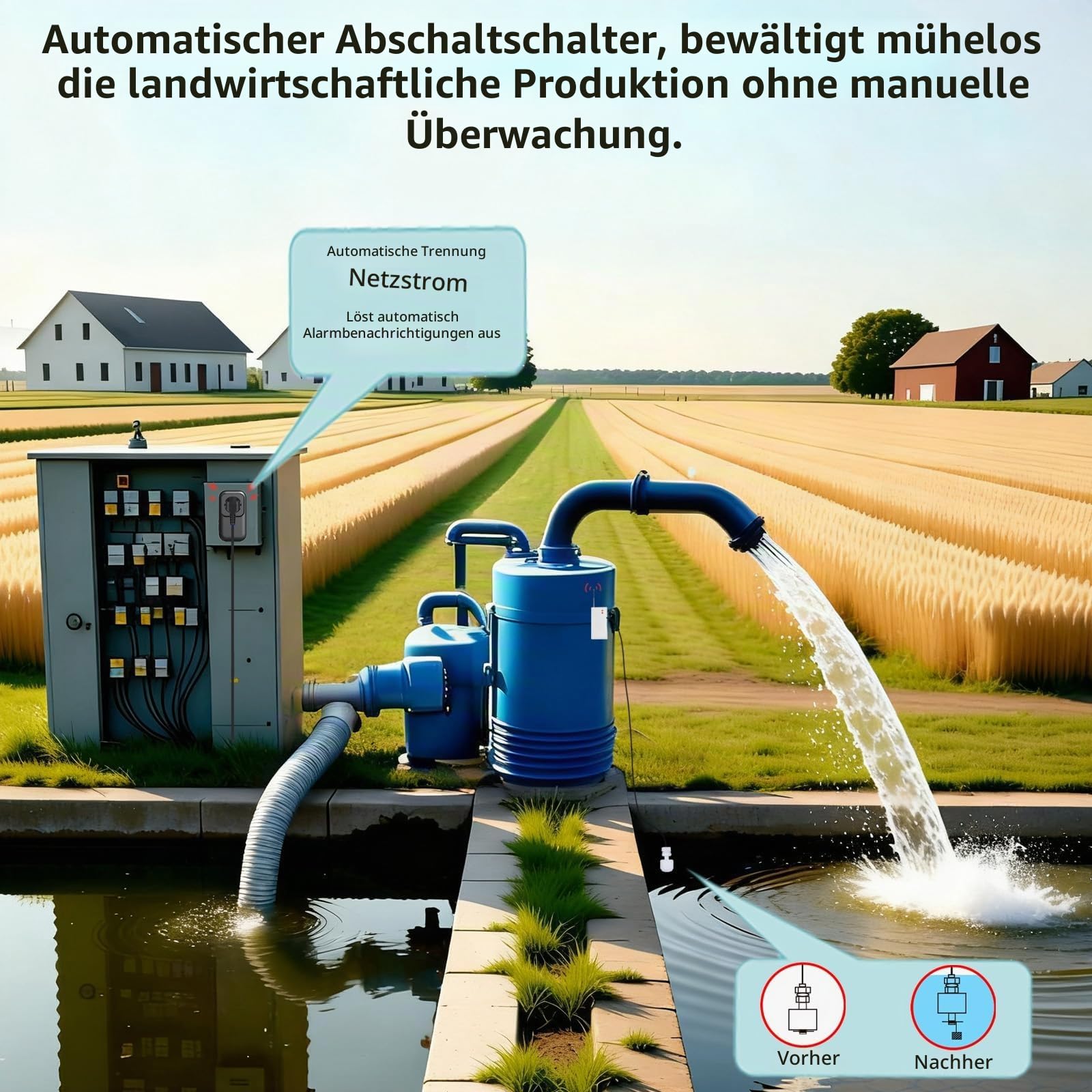 Automatischer Abschalt-Schutzschalter mit kabellosem Wasserstandssensor – Hoch-/Niedrigwasser-Abschaltung | 100 dB Alarm, 100 m Reichweite – für Wassertürme, Klärgruben, Landwirtschaft & Industrie
