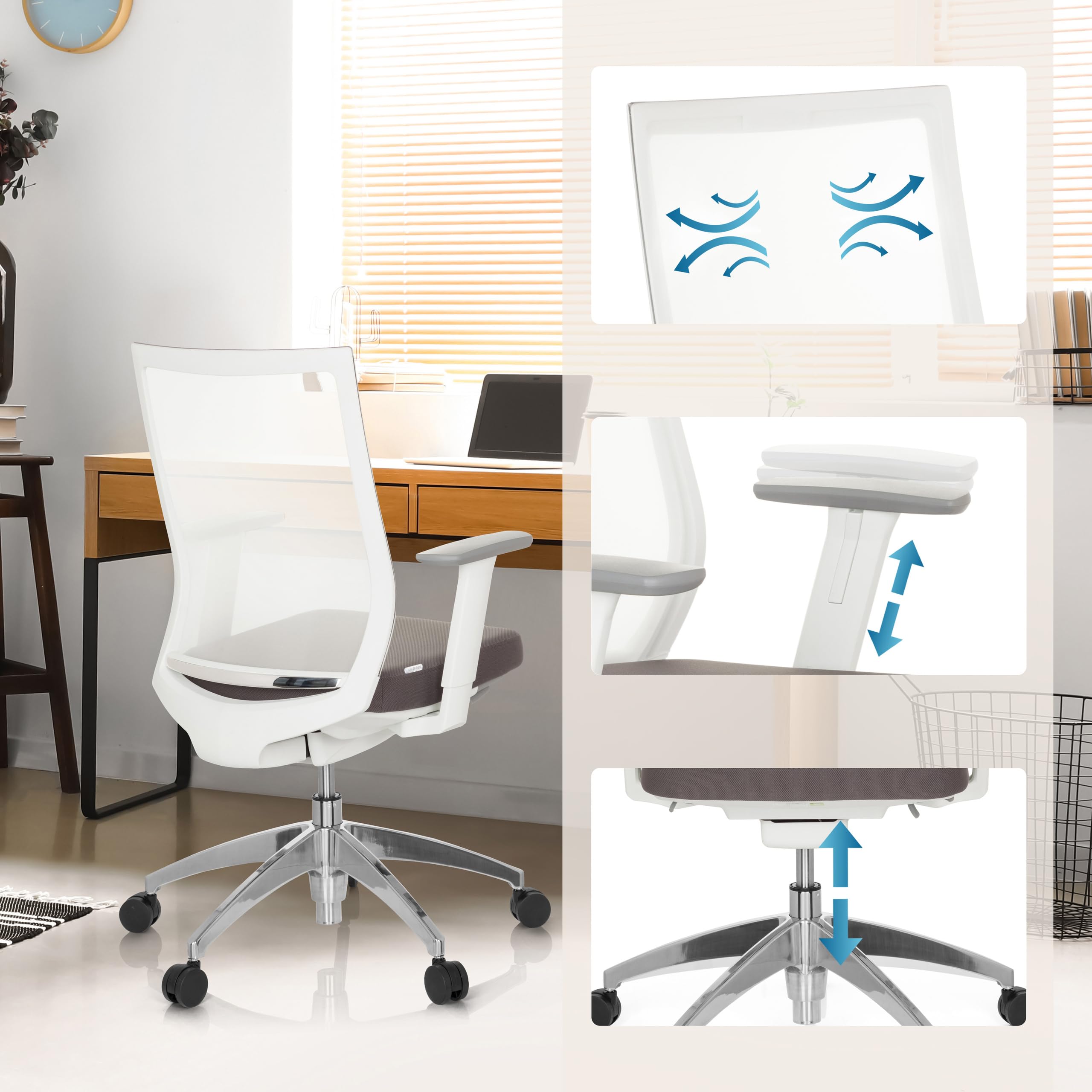 hjh OFFICE 657630 Profi Bürostuhl Aspen Stoff/Netz Weiß/Grau Drehstuhl ergonomisch, selbstheilender Netzrücken, höhenverstellbar