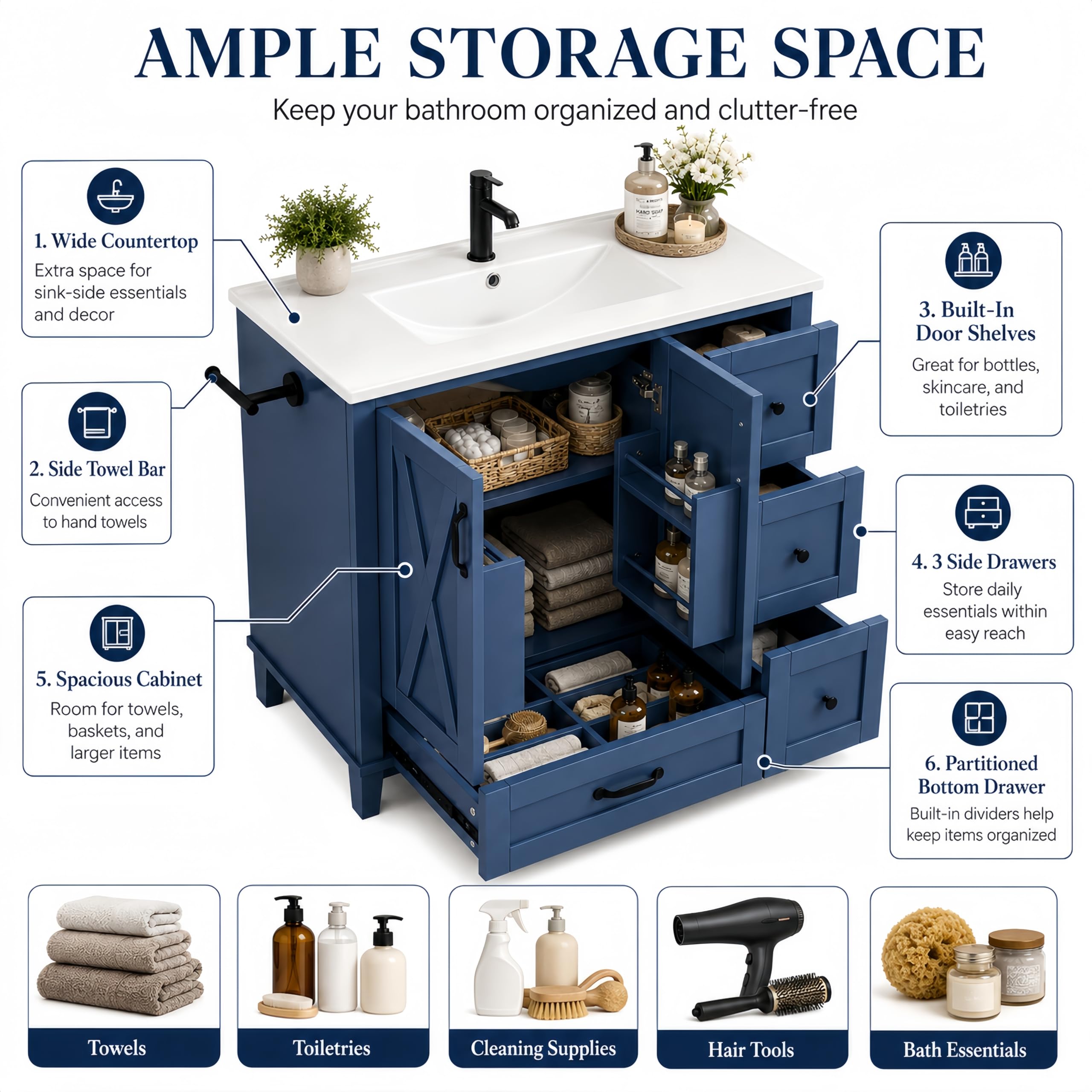 Mobile da bagno moderno da 91,4 cm con lavello in ceramica, 3 cassetti e 2 ante, mobiletto compatto autoportante con ripiano regolabile e barra portasciugamani reversibile