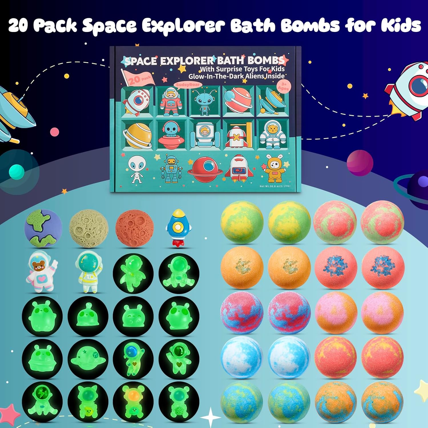 20 Pack Galaxy Bath Bombs for Kids with Space Explorer Toys, Cosmic Adventure Kids Bath Bombs with Astronauts, Rockets, Planets & Glow-in-The-Dark Aliens Inside,End-of-School Year Gifts - Image 3