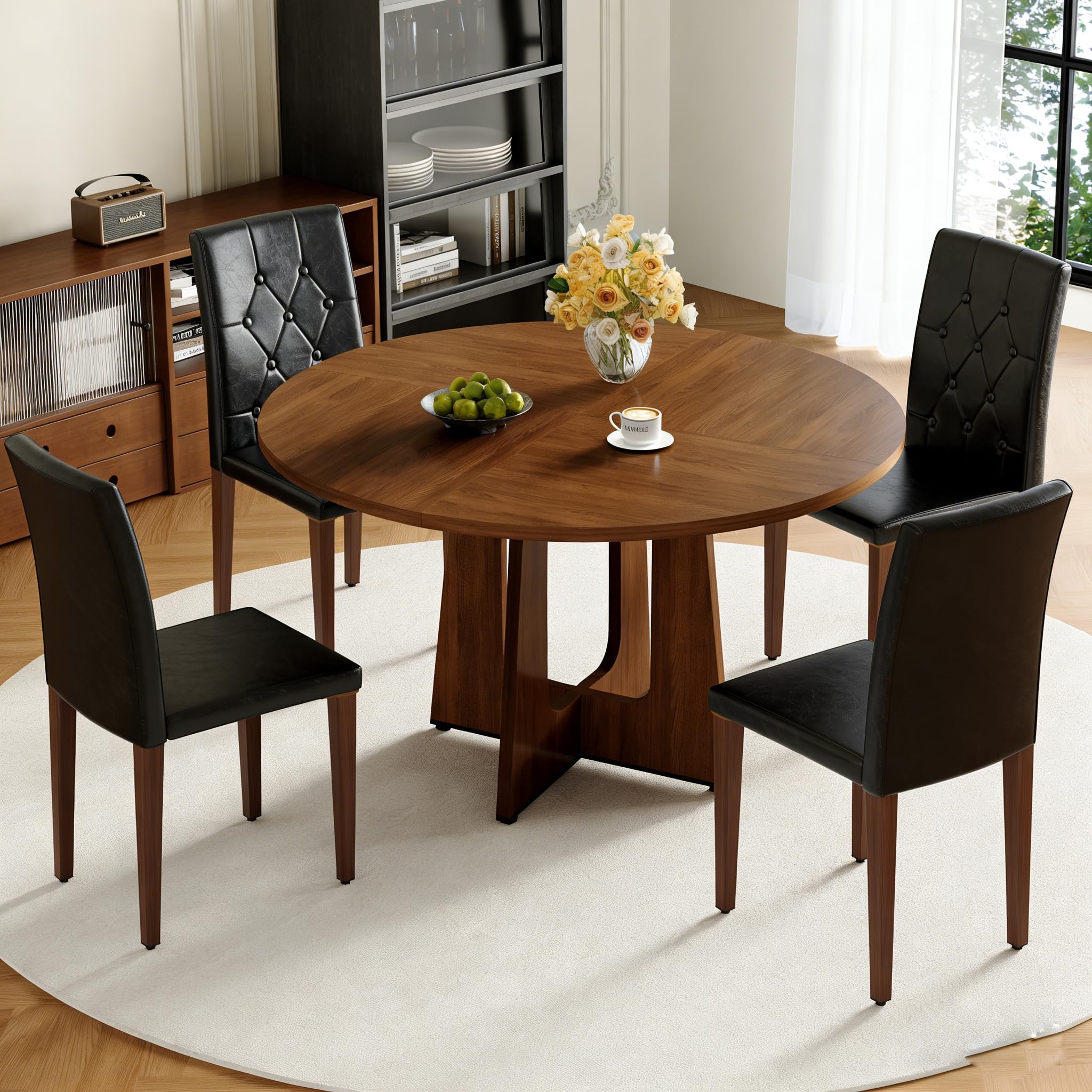 47" Round Dining Table Set for 4, Walnut Wood Grain Table and 4 Chairs Set
