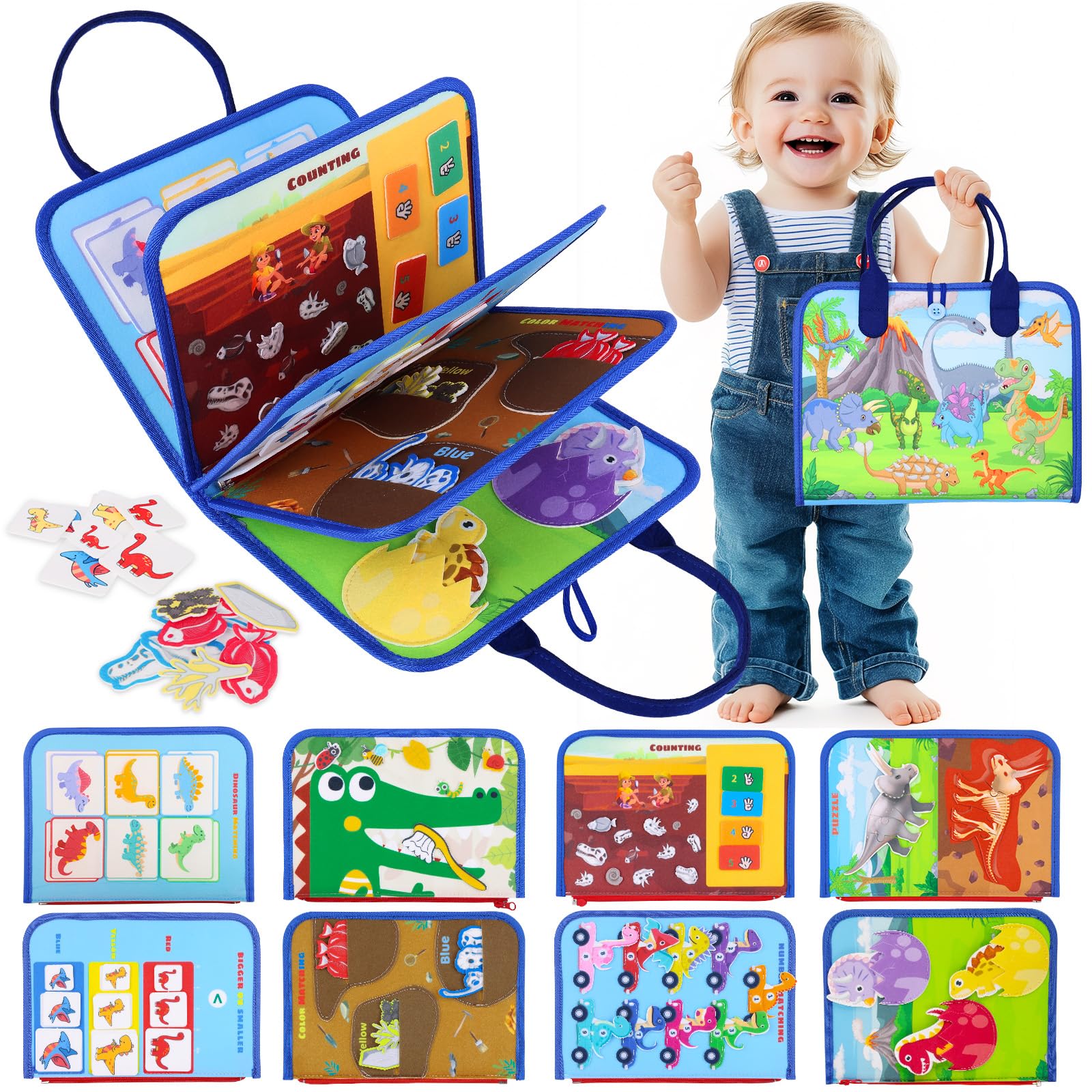 Busy Board Dinosaur Jungle - Montessori Toys for 3 4 5 Year Old, Learning Busy Book for Toddlers, Autism Sensory Board Fine Motor Skills Activity, Travel Toys for Airplane Car Road Trip