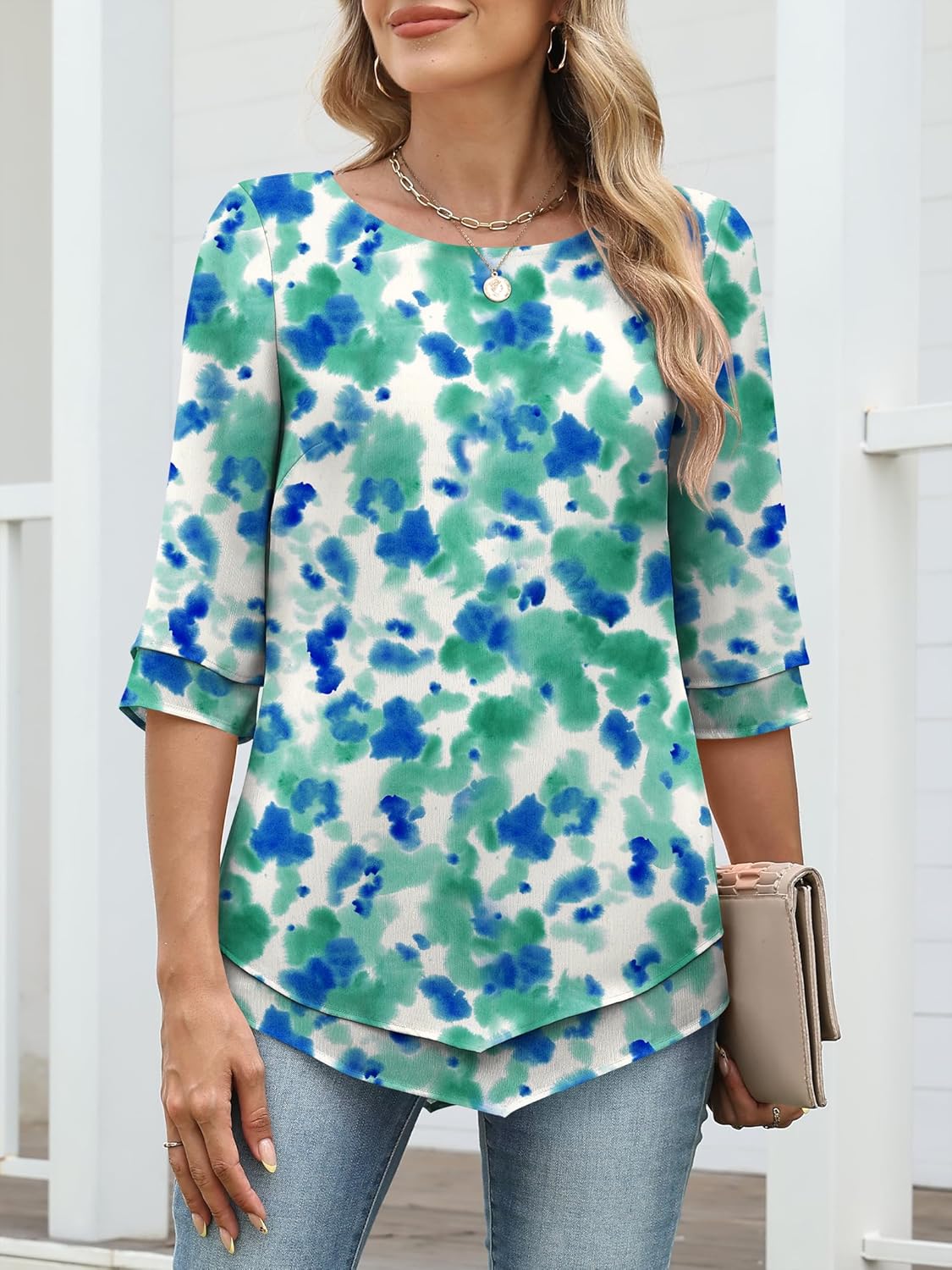 ANRABESS Womens 3/4 Sleeve Blouses Dressy Casual Double Layers Shirts Flowy Tunic Top 2026 Spring Beach Vacation Clothes - Image 2