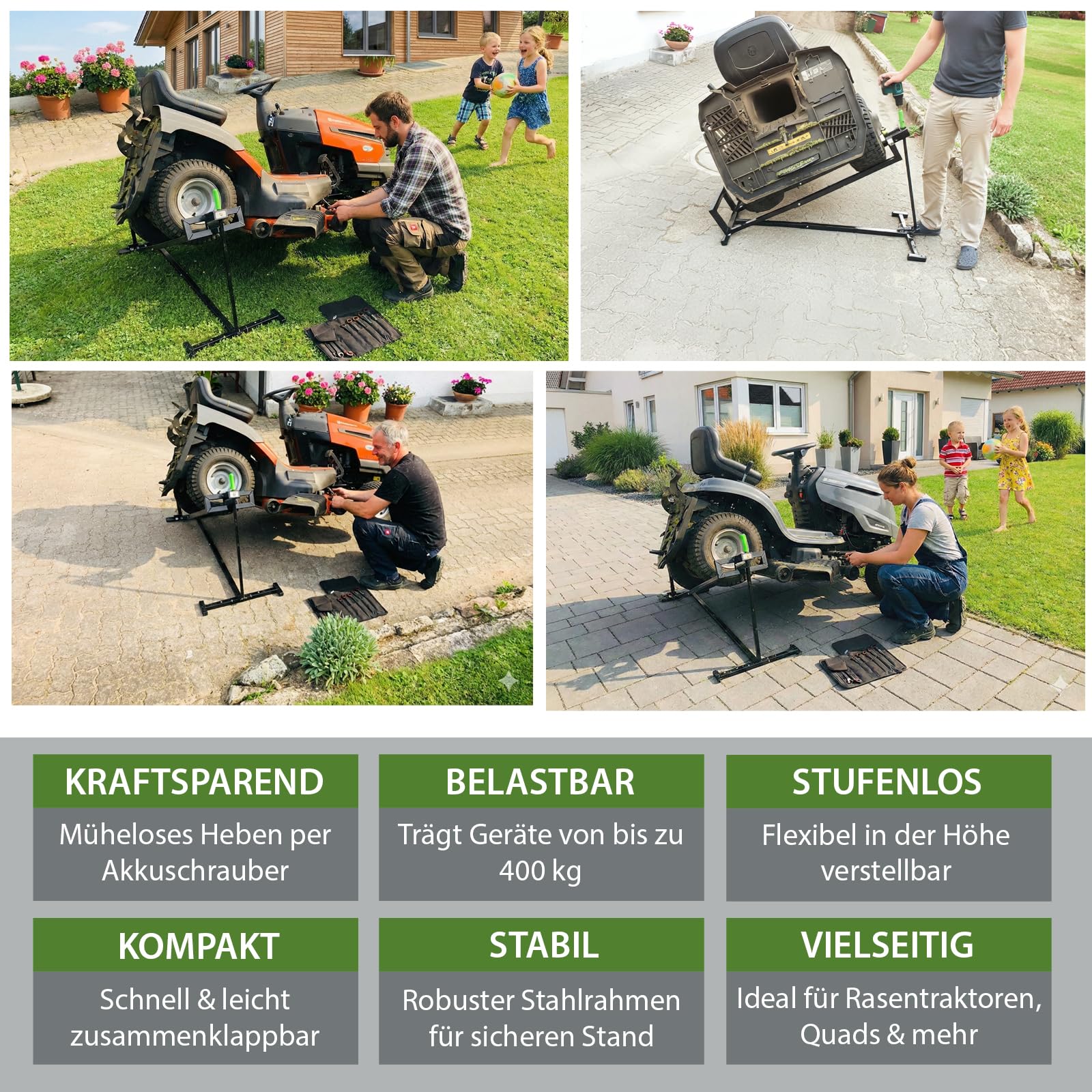 TRUTZHOLM Rasentraktorheber Heber für Rasentraktoren, Aufsitzmäher, 400 kg, Handkurbel und Adapter für Akkuschrauber Betrieb, stufenlos verstellbar, Neigung verstellbar platzsparend verstauen