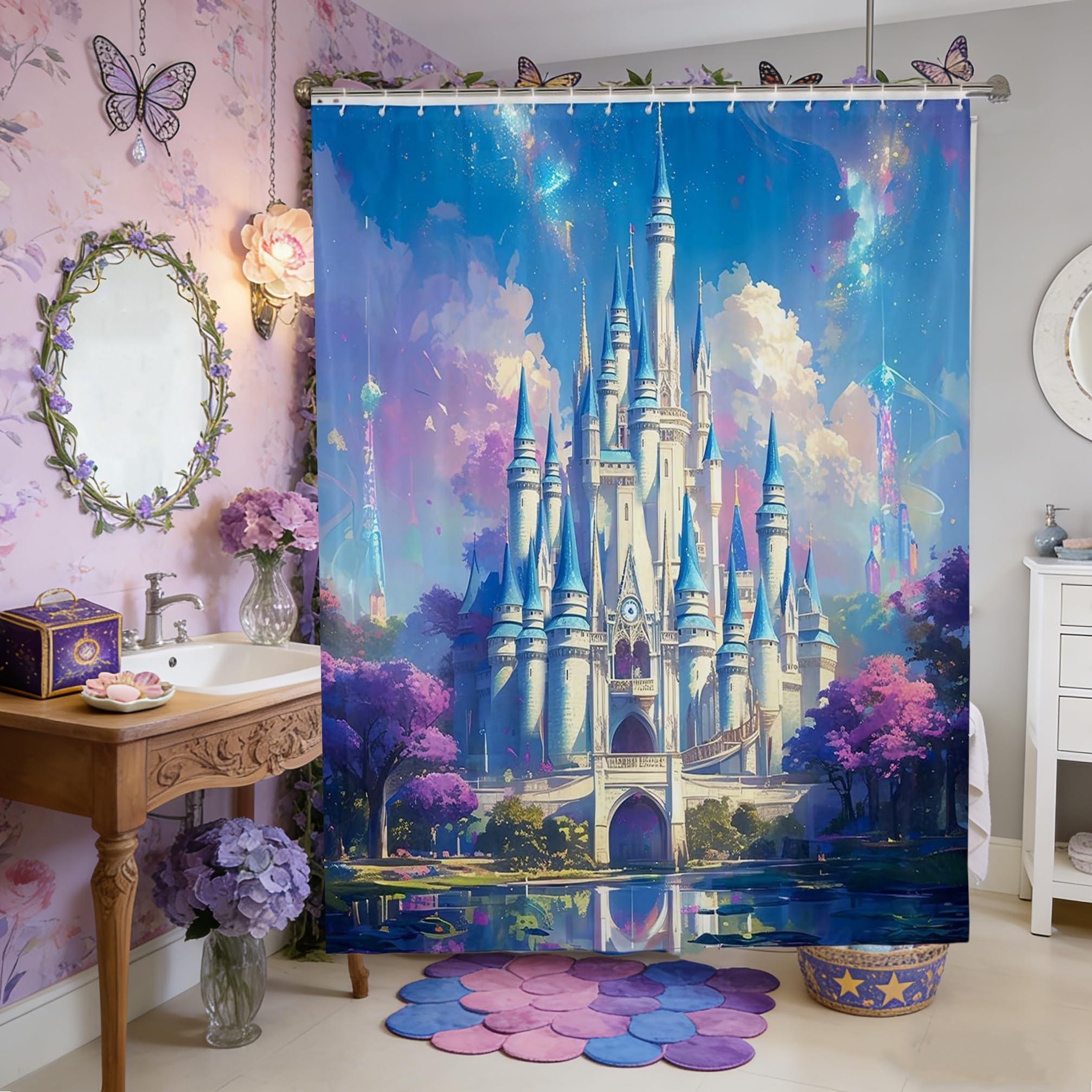 Princess Castle Shower Curtain,Cartoon Fairy Tale Themed Bath Curtain for Kids Boys,Watercolor Floral Lake Blue Sky Scenery Waterproof Fabric Curtain