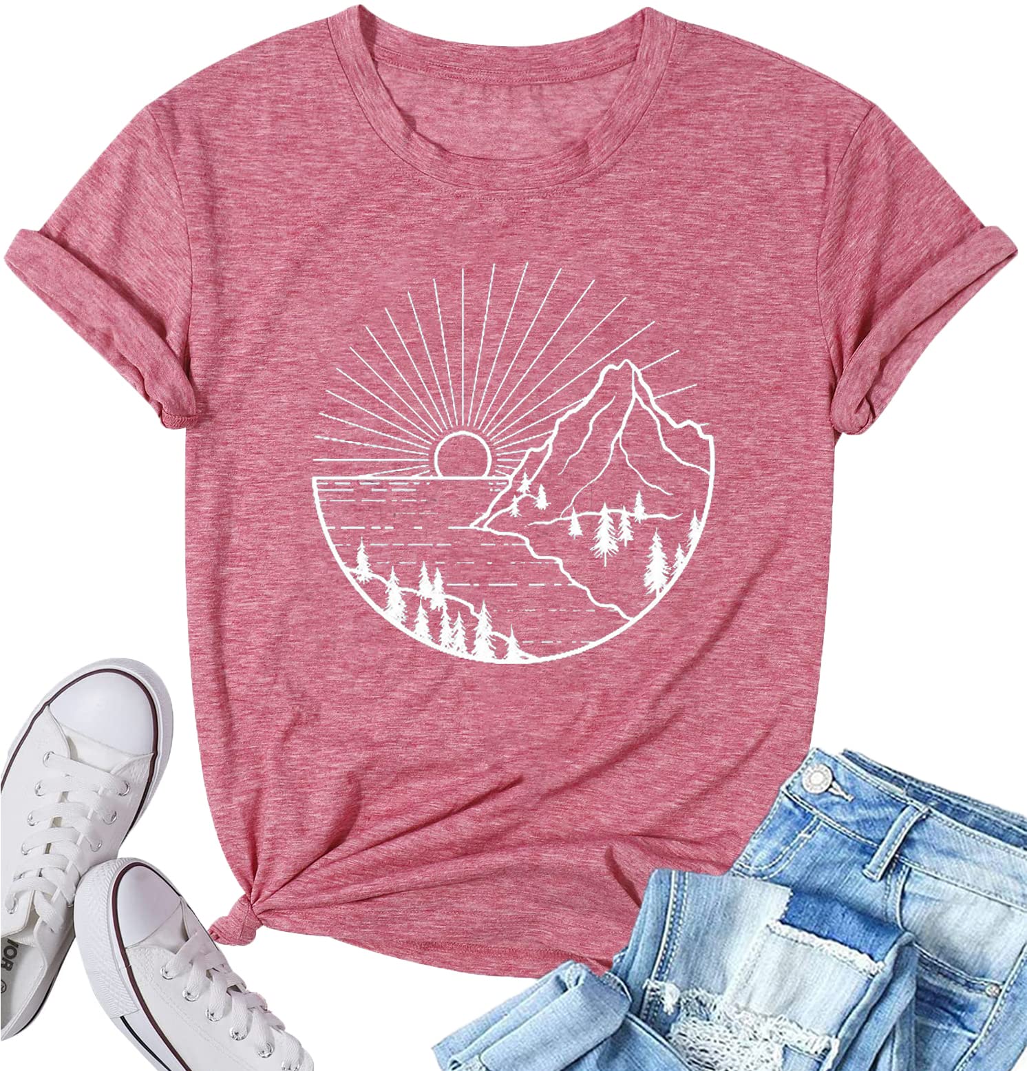 Women Hiking Mountain Shirt Nature Sunrise Graphic Printed Hiking T Shirt Summer Short Sleeve Workout Tee top
