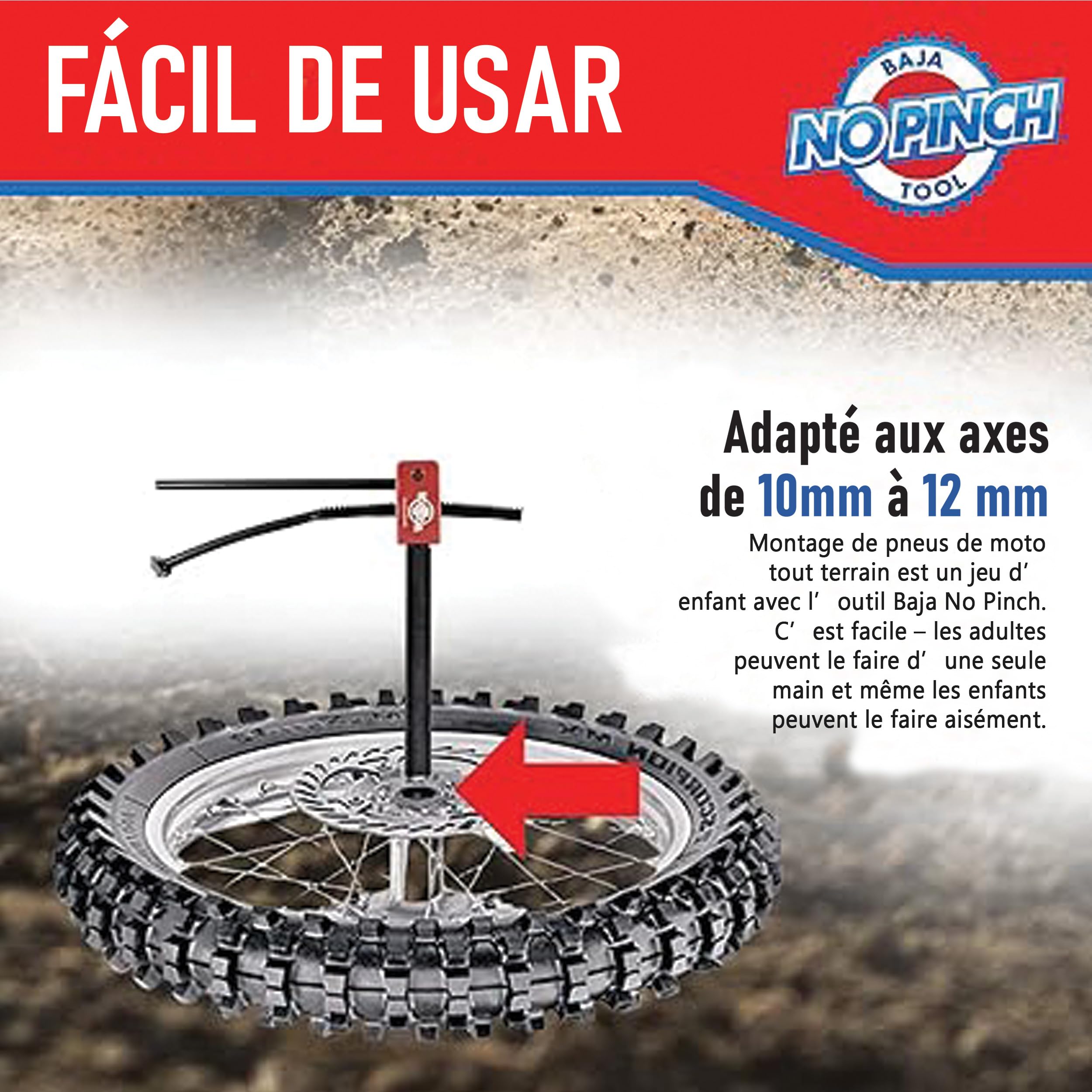 Baja No Pinch Minicross Kit Outils de changement de pneus de moto tout-terrain–Kit d'accessoires comprenant un mini poussoir, des axes de 10 mm et 12 mm pour un montage rapide des pneus–Pour 10" à 14"