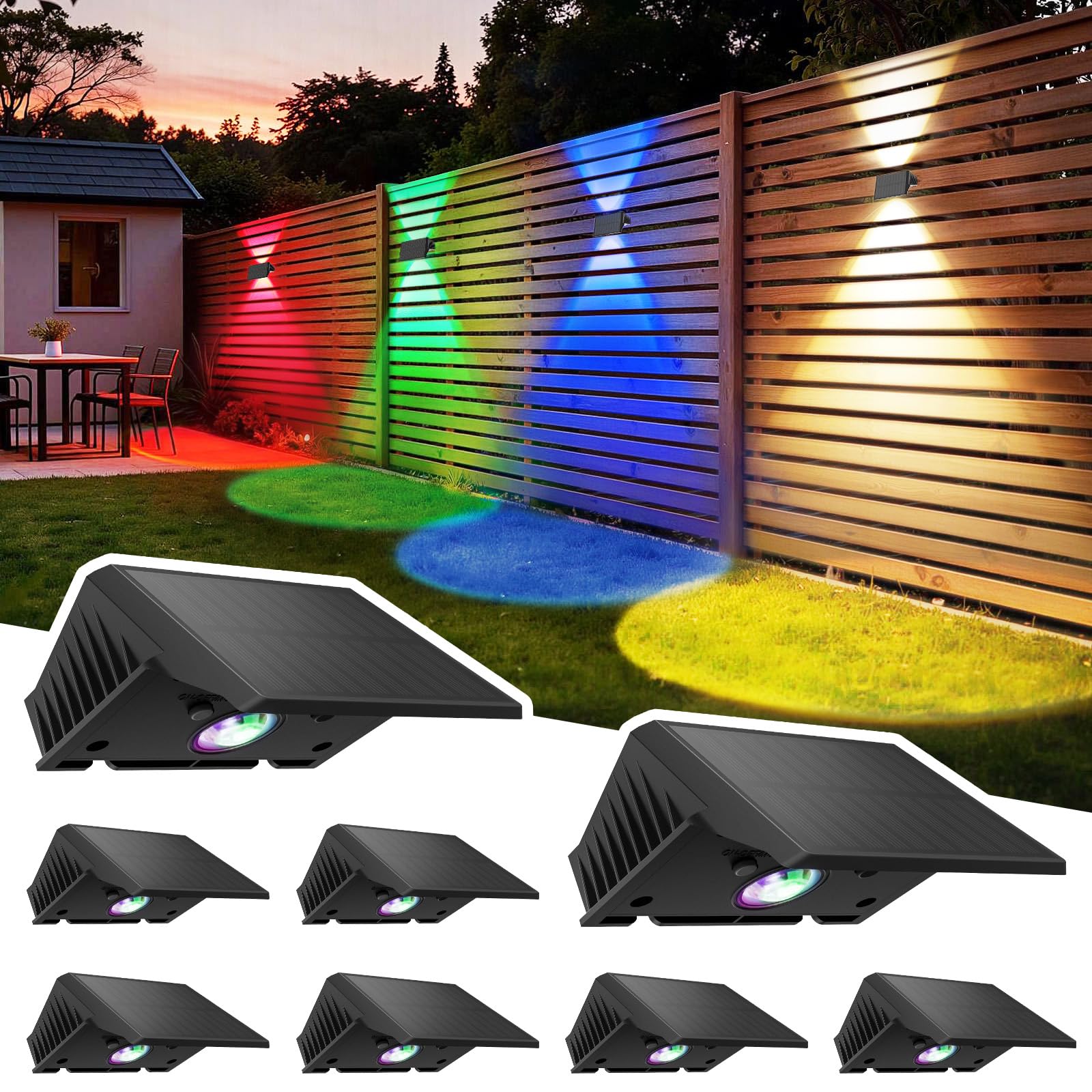 Delaiglow Solar Fence Lights Outdoor - 8 Pack RGB Solar Wall Lights with 5 Colour Modes, IP67 Waterproof, 3 Light Direction Modes for Garden, Fence & Patio