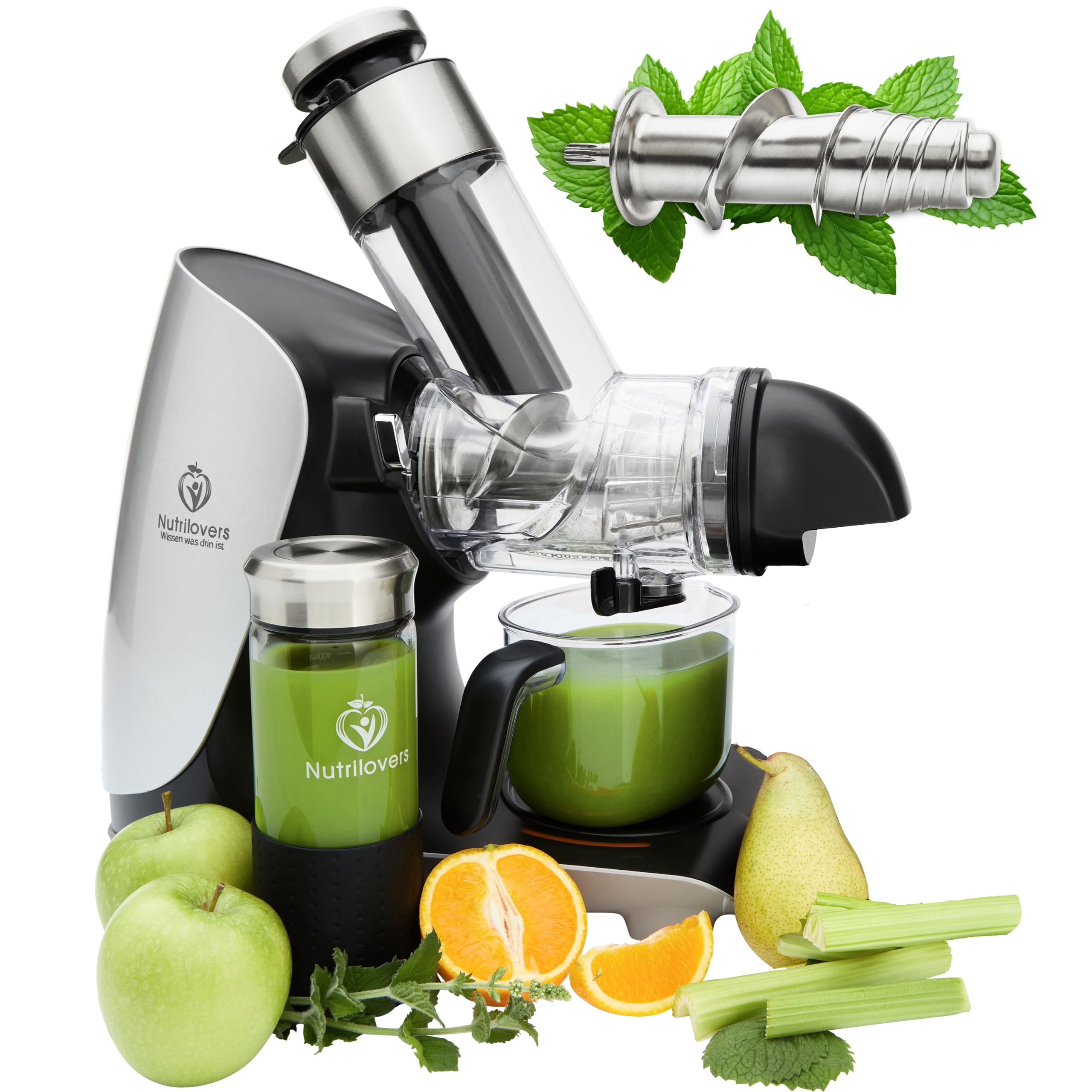 Nutrilovers Slow Juicer GREEN-PRESS MAX Licuadora extractor de jugos con tornillo de acero inoxidable, libre de BPA, ganador de pruebas, exprimidor eléctrico
