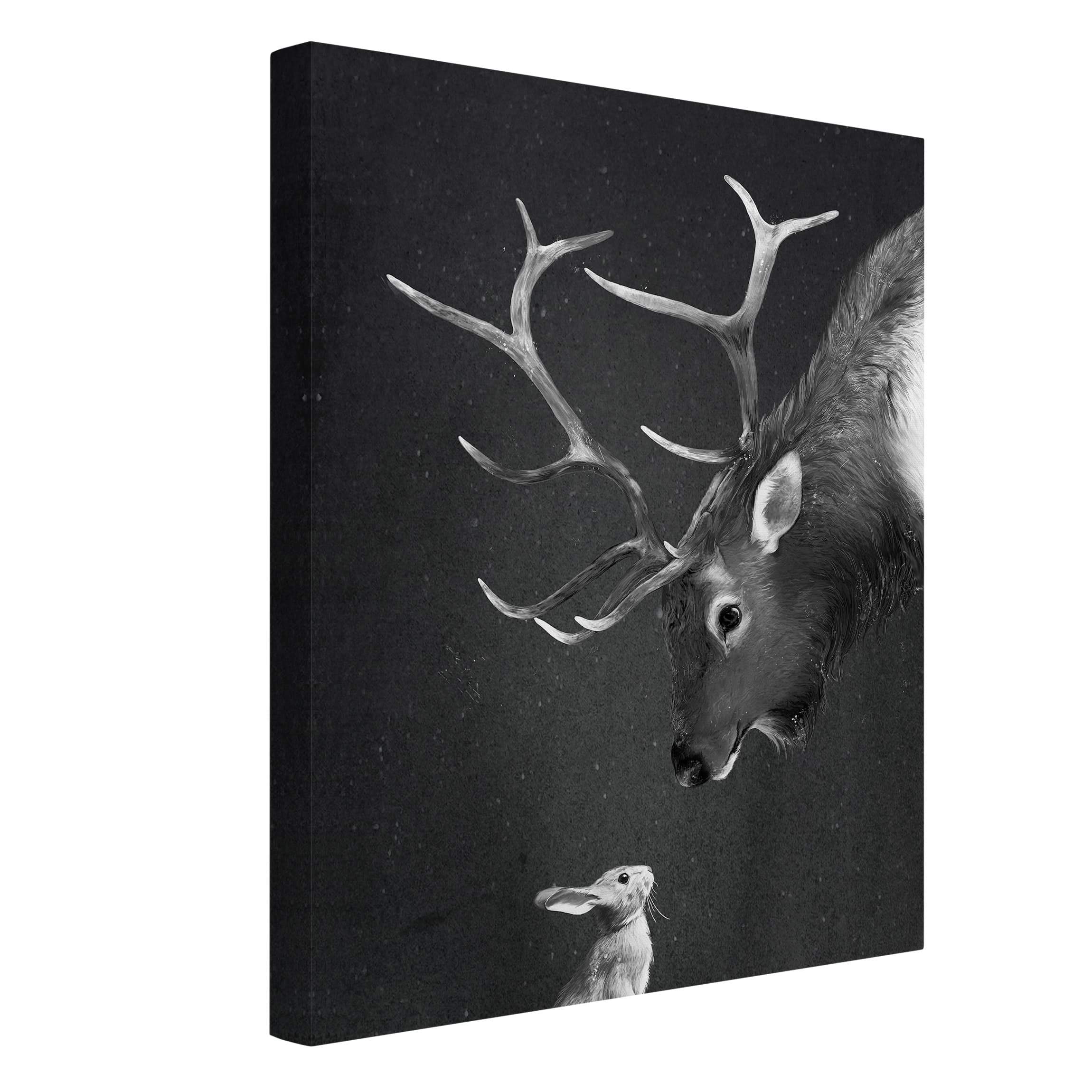 Leinwandbild - Illustration Hirsch und Hase Schwarz Weiß Malerei 80 x 60 cm