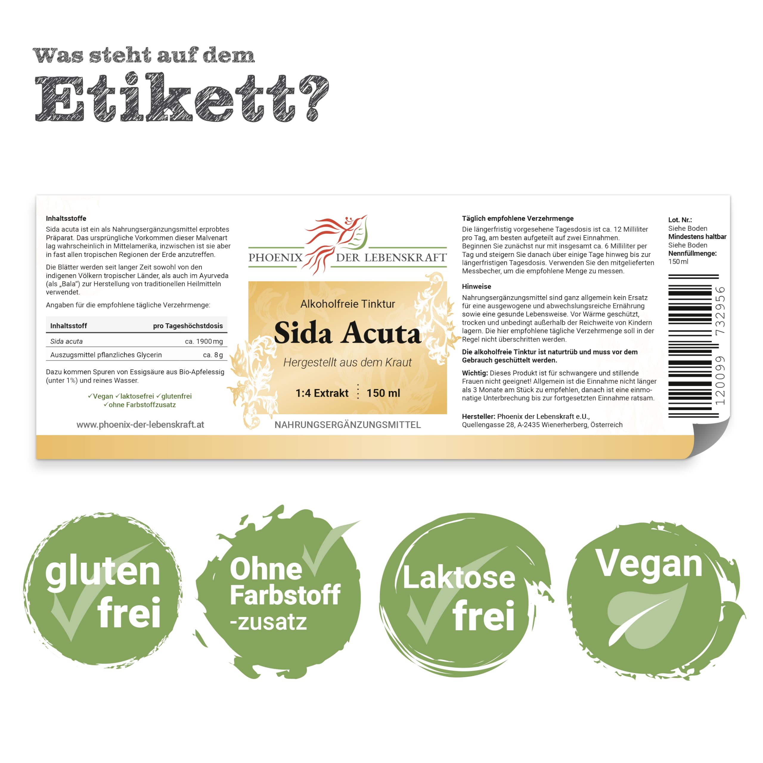 Sida Acuta Tinktur (alkoholfrei) - 150ml, Sida Acuta Tropfen, 1:4 Extrakt, Top Premium Qualität, Hergestellt in Österreich, Vegan