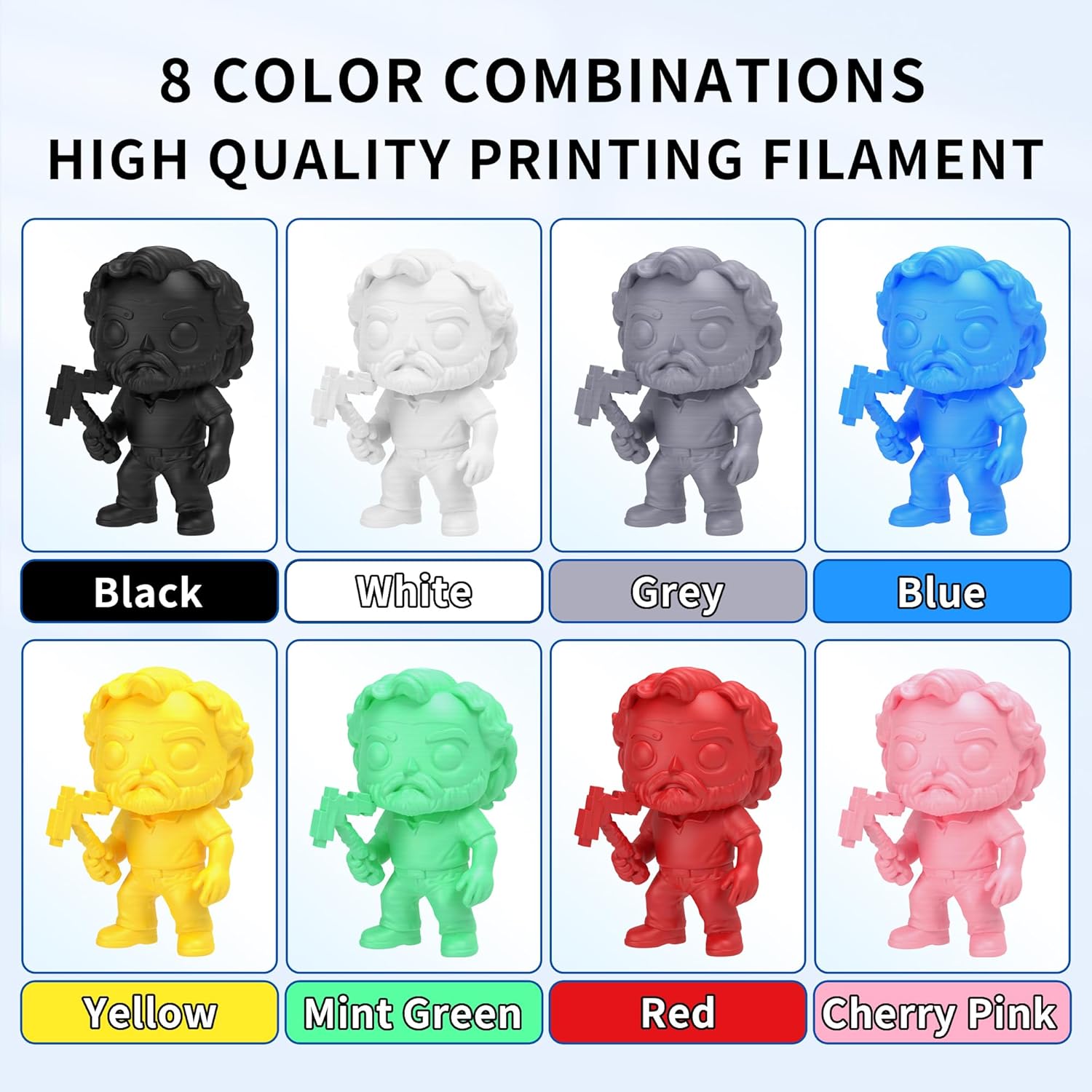 RAMBERY 250gx8 PLA+ Filament Bundle 1.75mm, 8 Colors PLA Plus 3D Printing Filaments Dimensional Accuracy +/- 0.02mm, 8 Pack 250g Spool, Black/White/Red/Yellow/Gray/Blue/Pink/Mint Green