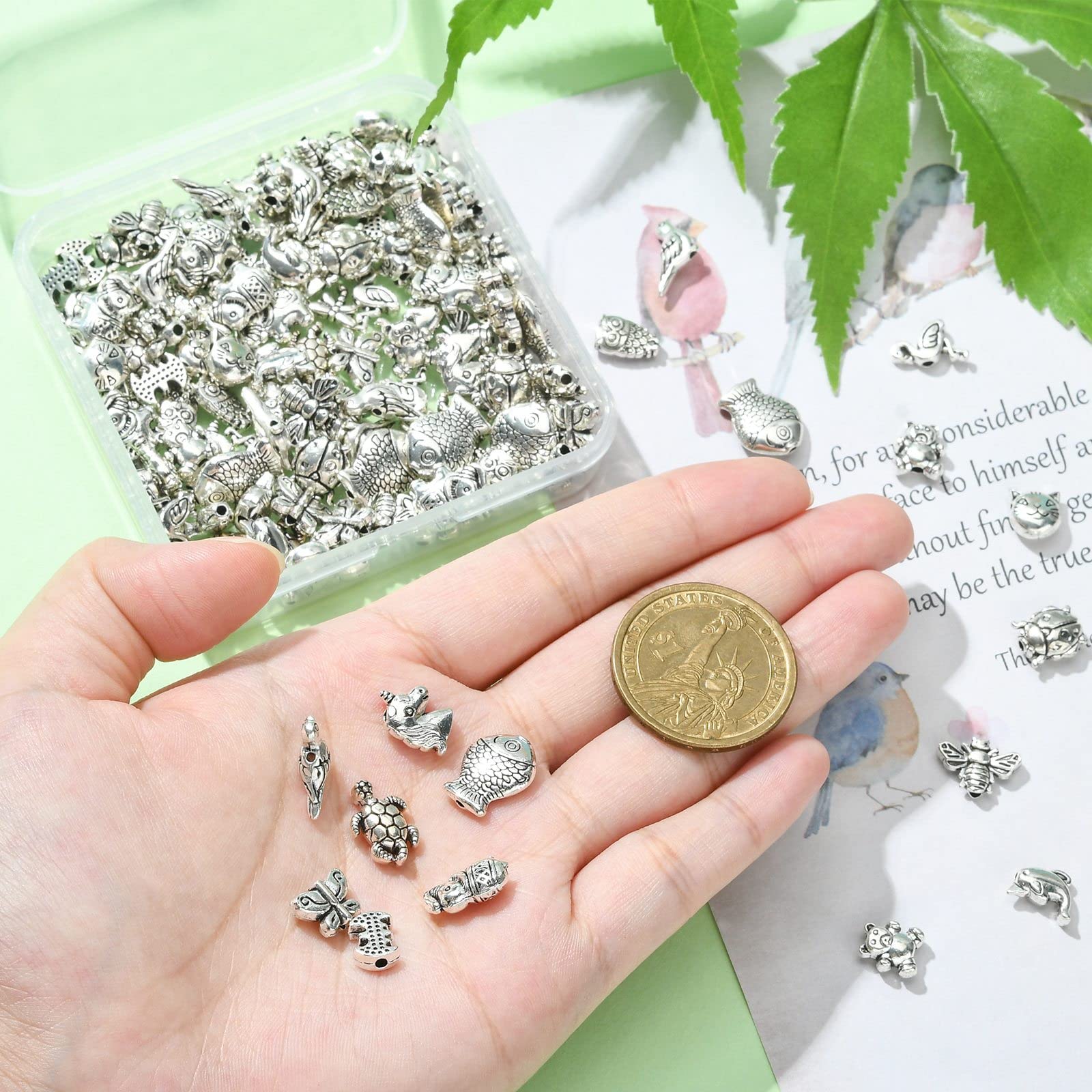UR URLIFEHALL 150 Pcs Tibetan Silver Animal Spacer Beads Unicorn Bear Owl Bird Butterfly Bee Beads for Jewellery Making Hair Accessories - Image 3