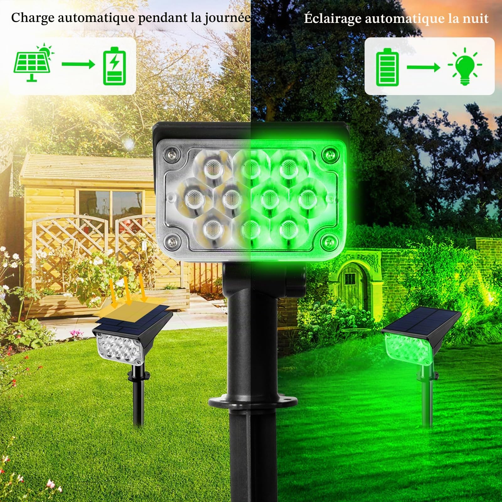 T-SUN 4 Packs Spot Solaire Exterieur Vert Lumiere Solaire Jardin, Lampe Solair Étanche avec 2 Modes, sans Fil Éclairage Solaire Exterieur, Projecteur Solaire Réglable pour Chemins, Jardin