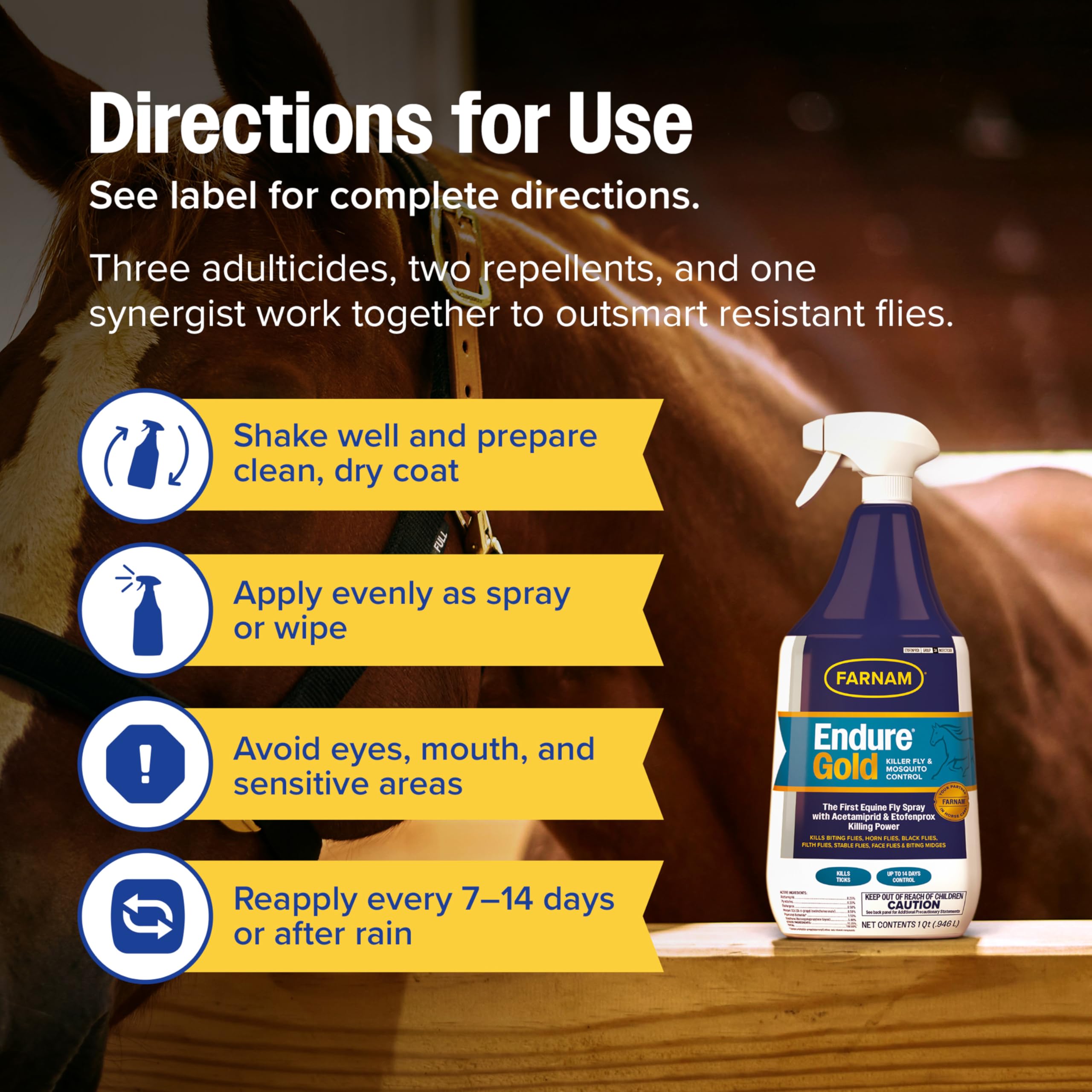 Farnam Endure Gold Killer Fly Spray for Horses, Powered by Acetamiprid & Etofenprox, Kills Biting Flies Fast and Protects Up to 14 Days, 32 oz - image 6