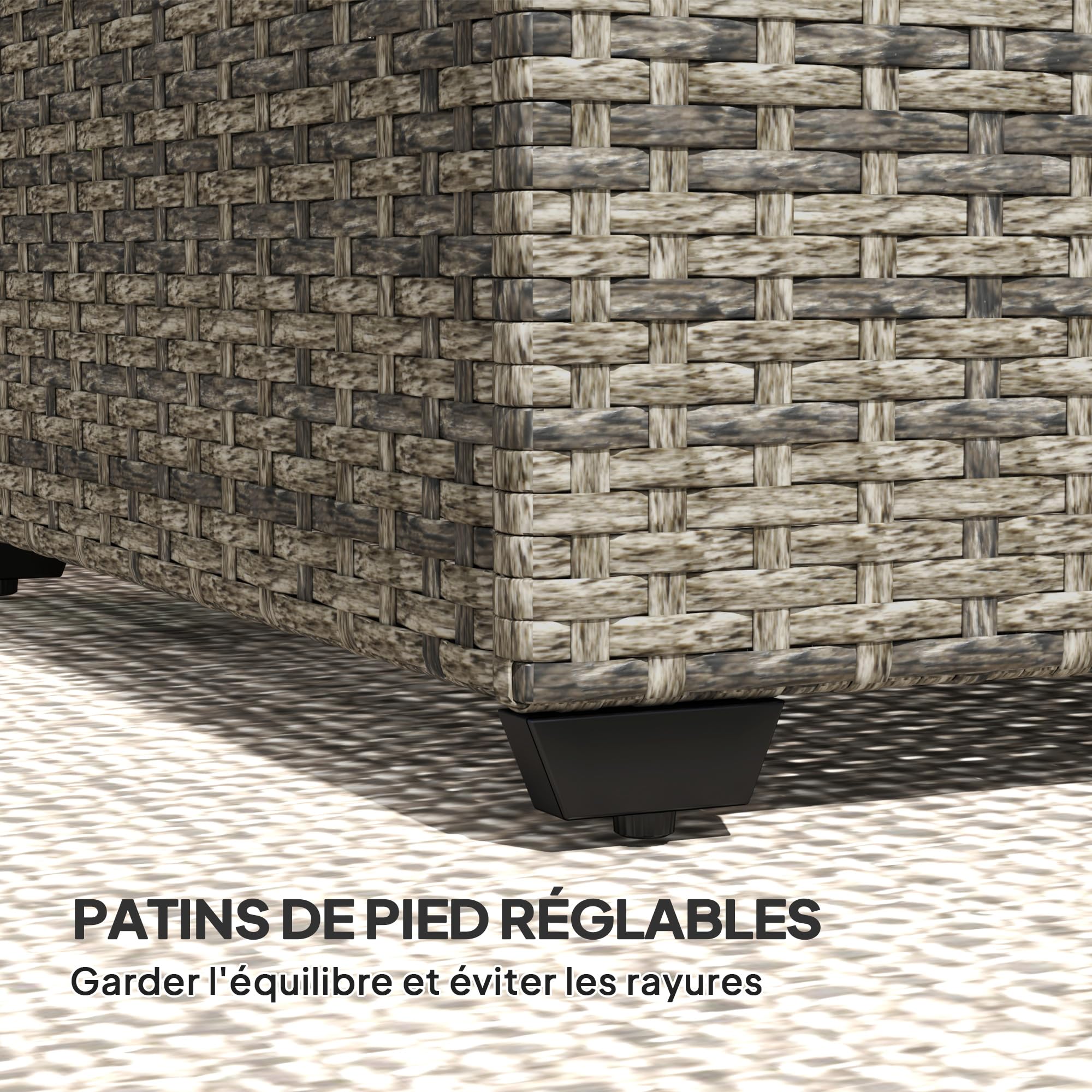 Outsunny Table Basse de Jardin, Table d'appoint en résine tressée Aspect rotin, Plateau en Verre trempé, Cadre en Acier, 90 x 50 x 38 cm, Gris foncé