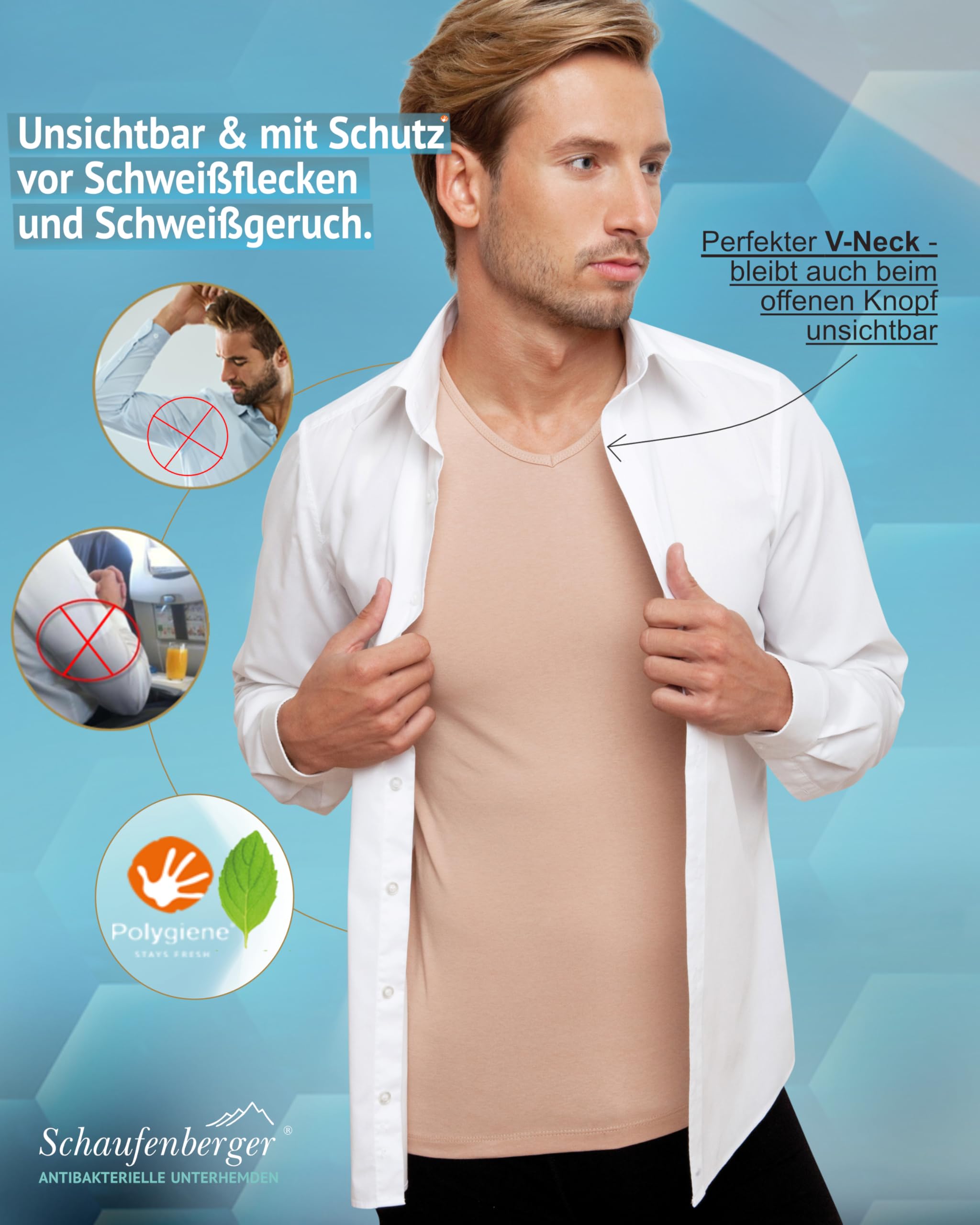 ANTIBAKTERIELLES Anti-Schweiß-Shirt Unterhemd Herren hautfarben – UNSICHTBAR unter Hemd – Geruchsneutral & atmungsaktiv – V-Neck – eng anliegend – ideal für Büro, Hochzeit, Reise