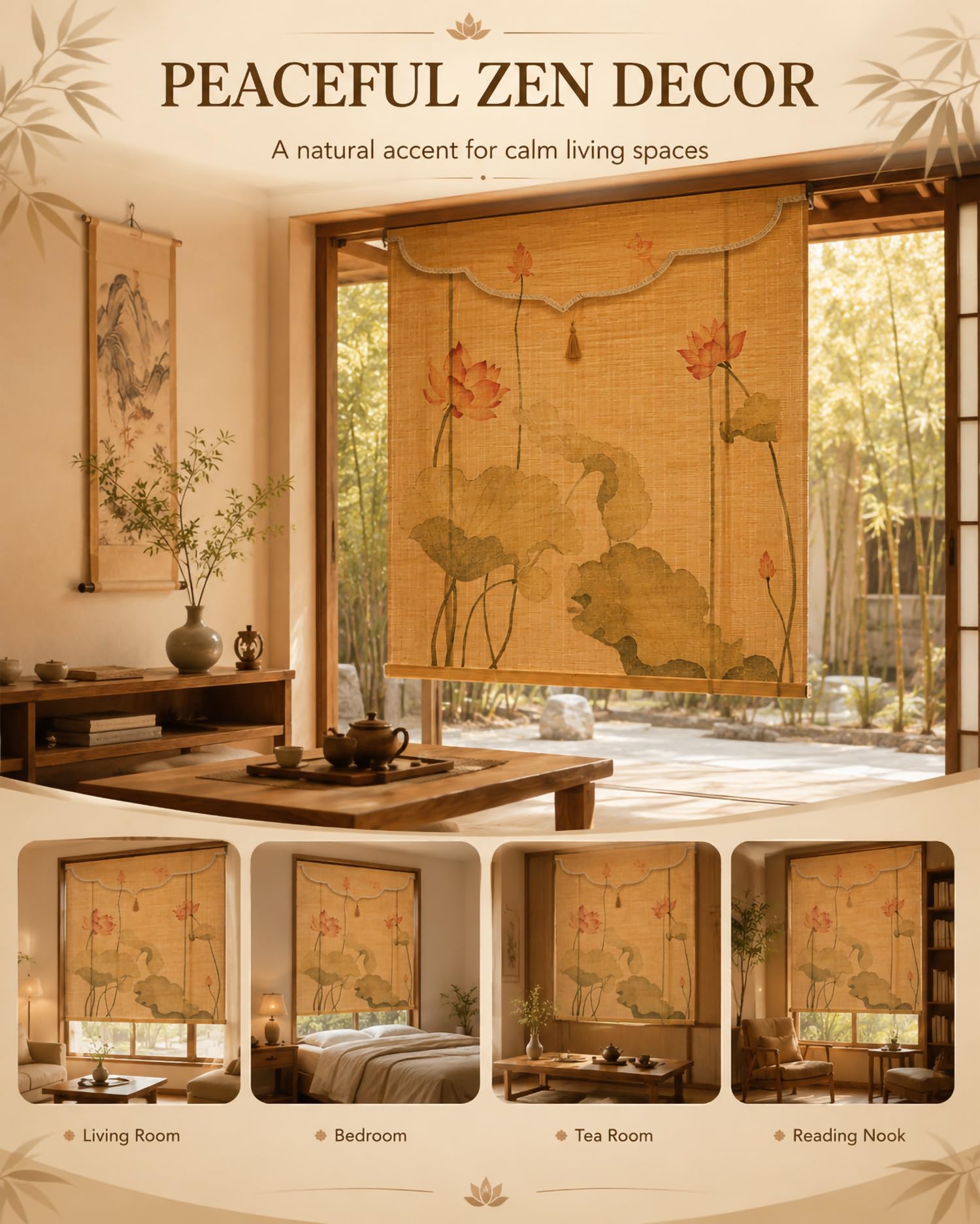 Tenda A Rullo in Bambu Naturale, Tenda Oscurante da Interno, Japanese Zen Style Altezza Regolabile, Tendes A Pacchetto Soggiorno Camera Sala da Te,60 * 183cm / 24 * 72"