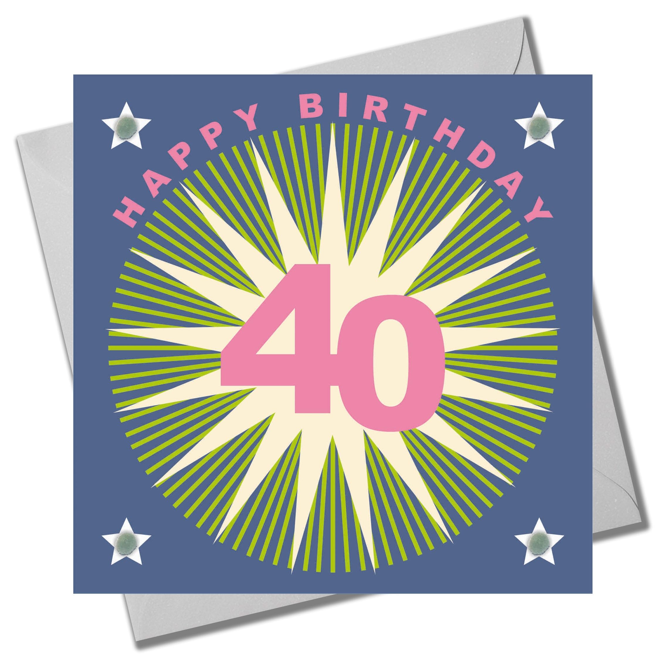 Claire Giles Greeting Cards, Age 40 Birthday Card, Happy 40th Birthday, Starburst design and Embellished with pompoms