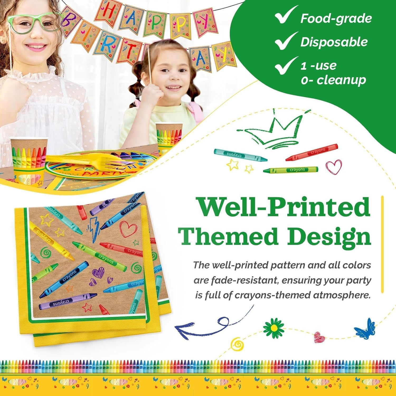 146pcs Crayon Birthday Party Decorations, Crayon Themed Party Supplies Colorful Tableware Include Plates and Napkins Cups Tablecloth, Serves 24