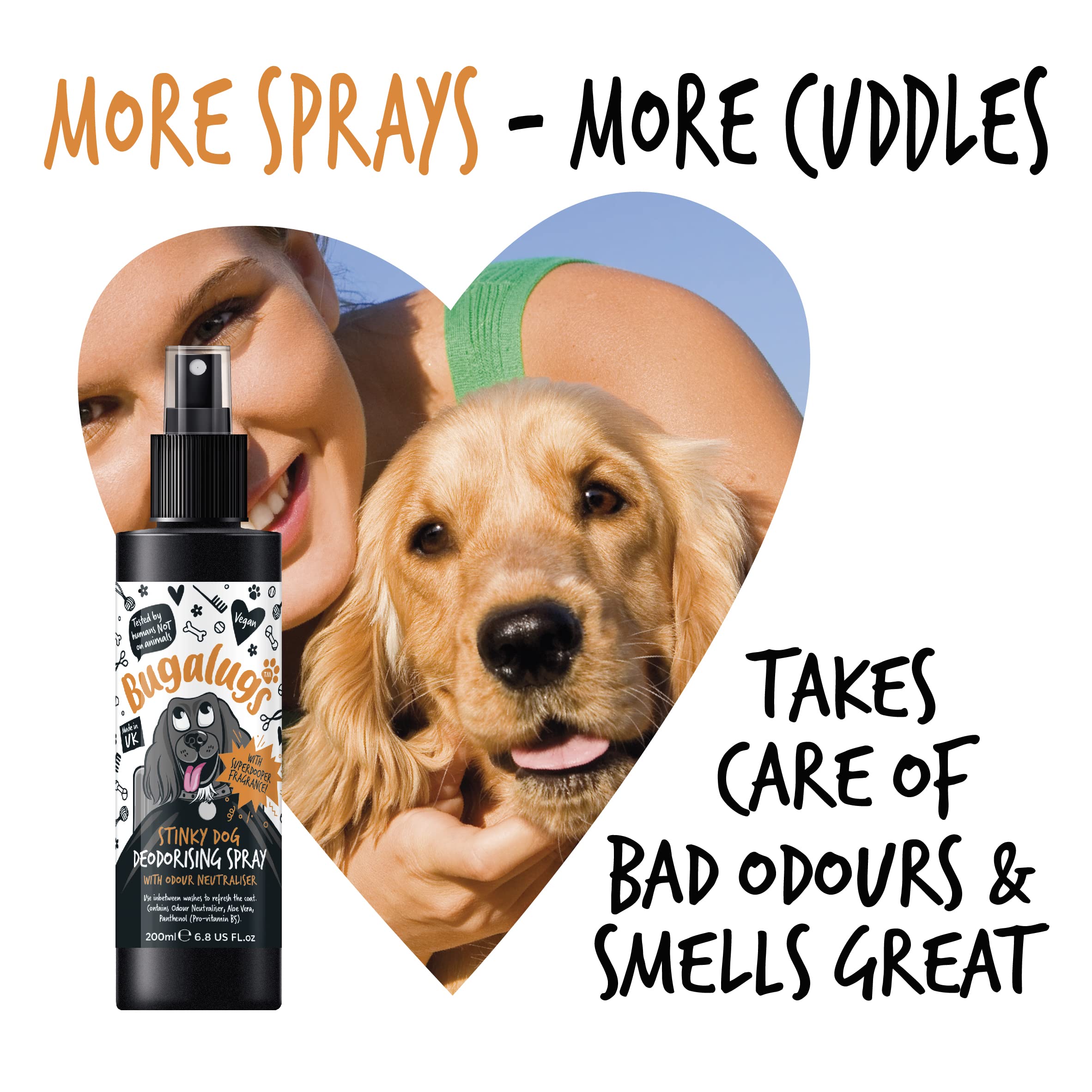 BUGALUGS Stinky Dog Deospray für Hunde, Geruchskontrolle, 200 ml, beseitigt schlechte Gerüche, frischer und langanhaltender Duft, weiche Formel, für den täglichen Gebrauch, alle Arten von Fell und