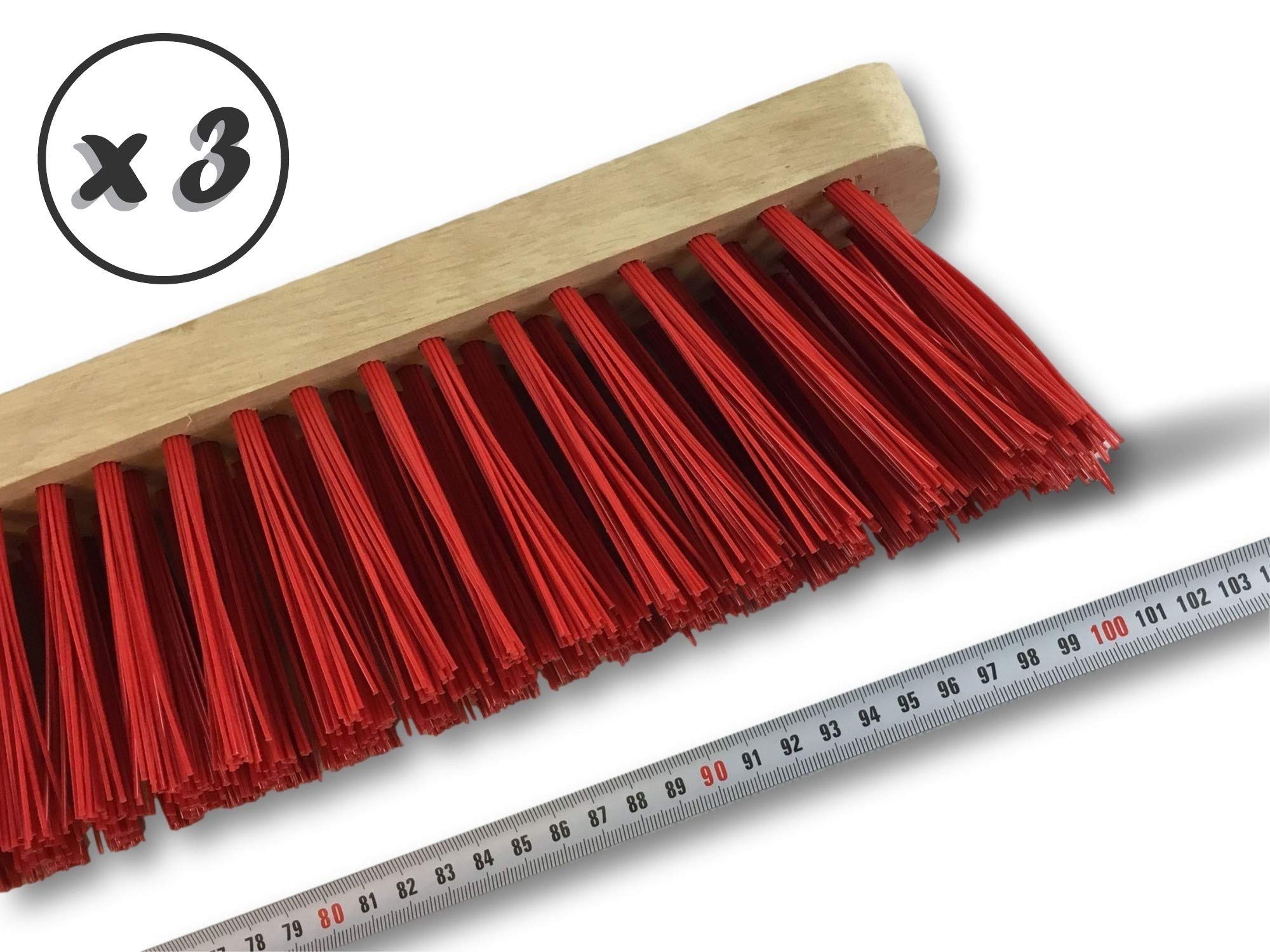 Miotła warsztatowa typu kantonier | Zestaw 3 | Track Outdoor | Długość 100 cm | Wypełnienie szczotką PVC czerwoną | Drewniana podeszwa | Metalowe gniazdo Ø 28 mm | Z uchwytem | Kibros 2390BMx3
